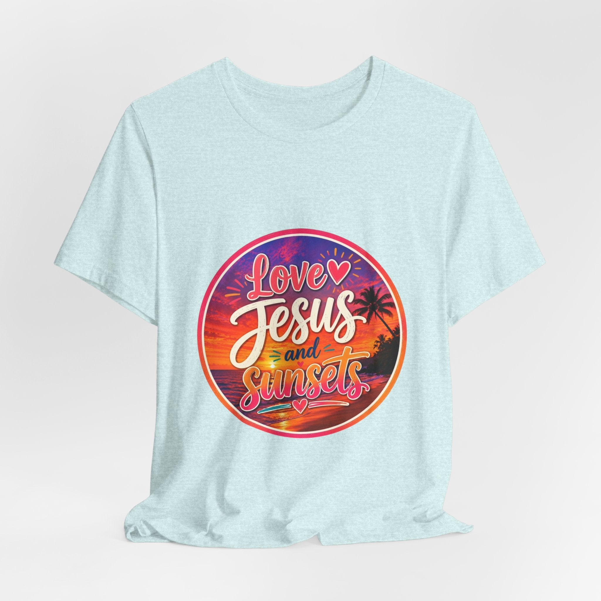 Christian Faith Palm Tree Sunset T-Shirt featuring a vibrant circular design with the phrase 'Love Jesus and Sunsets'.