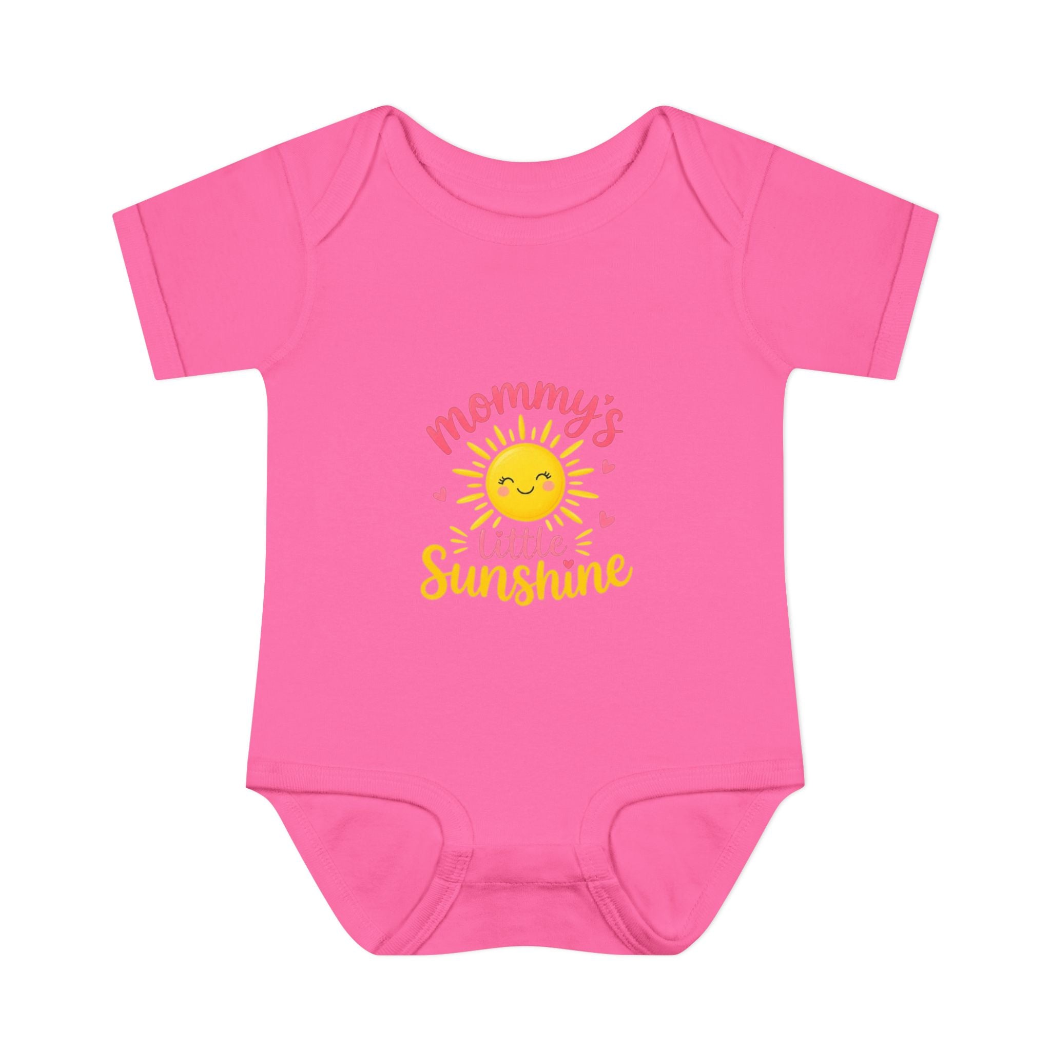 mommy's little sunshine bodysuit in vibrant pink with cheerful sun design.