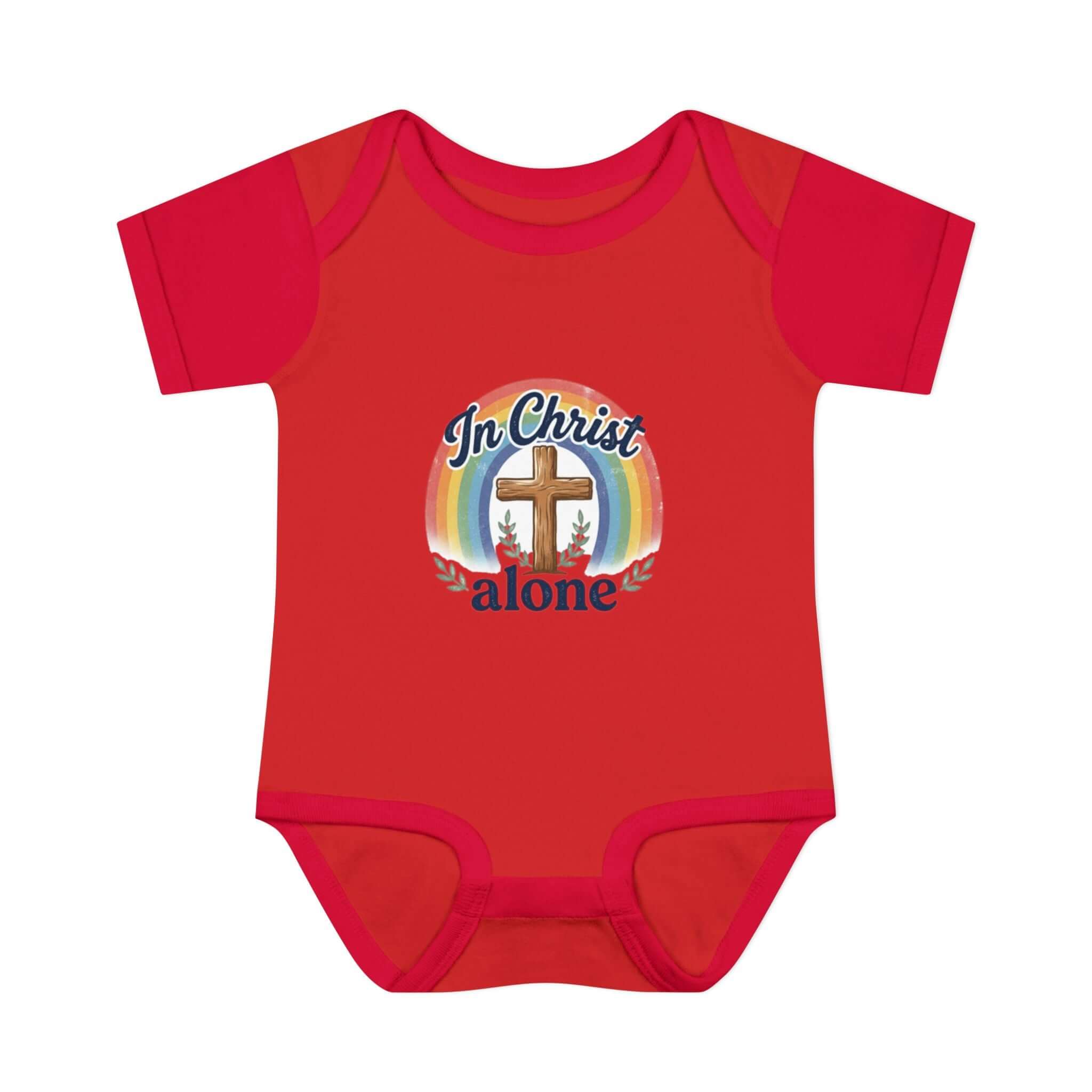 Infant Apparel red "In Christ Alone" Cross Rainbow Christian Baby Onesie