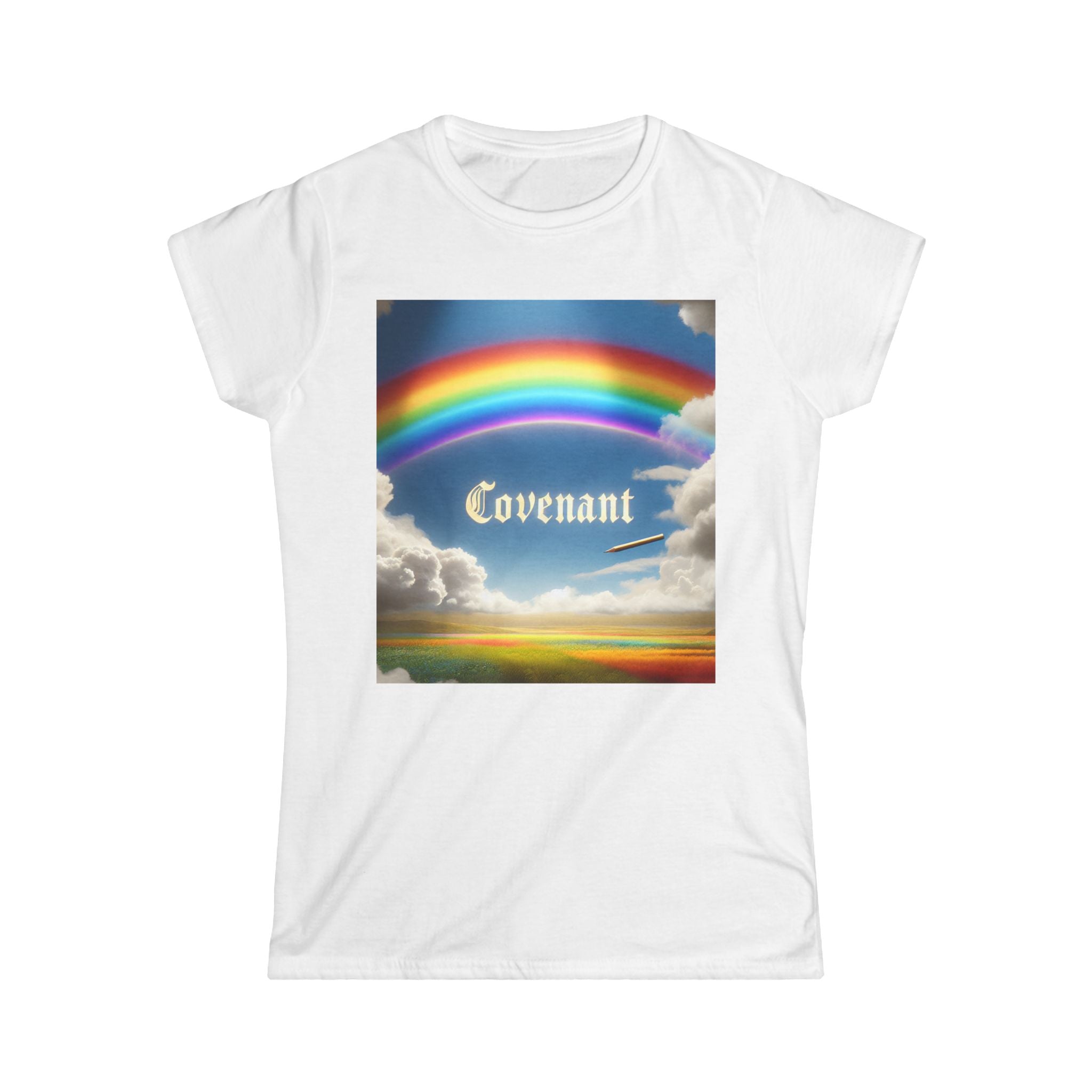 Covenant Rainbow Tee featuring a colorful rainbow design on a white shirt, symbolizing faith and comfort in Christian apparel.ue 