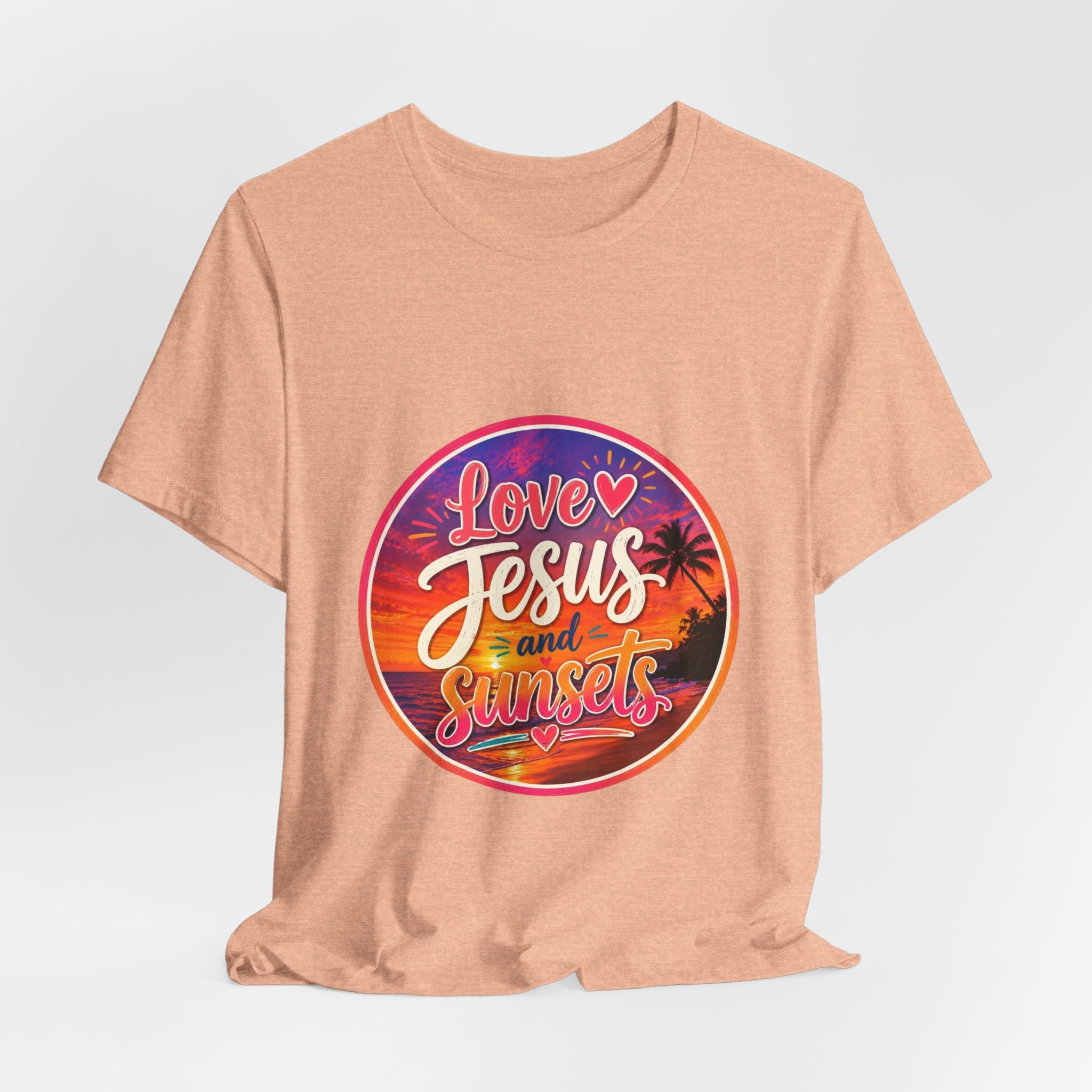 Christian Faith Palm Tree Sunset T-Shirt featuring sunset print with "Love Jesus and Sunsets" design.