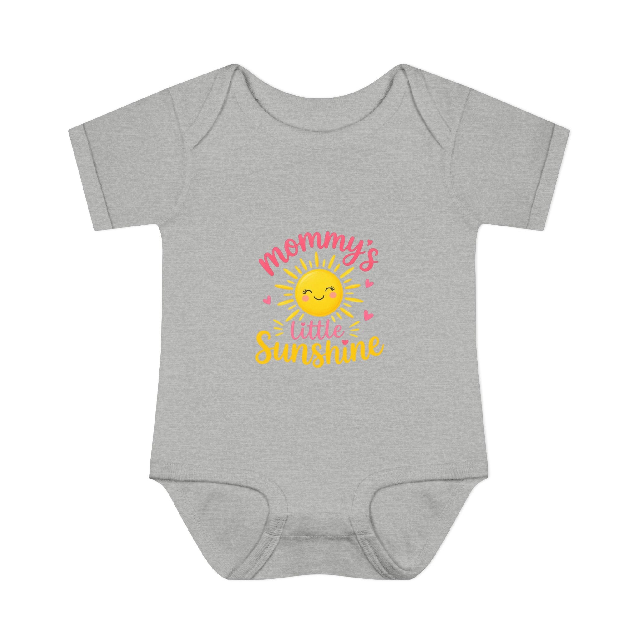 mommy's little sunshine bodysuit featuring a cheerful sun design on a grey background.