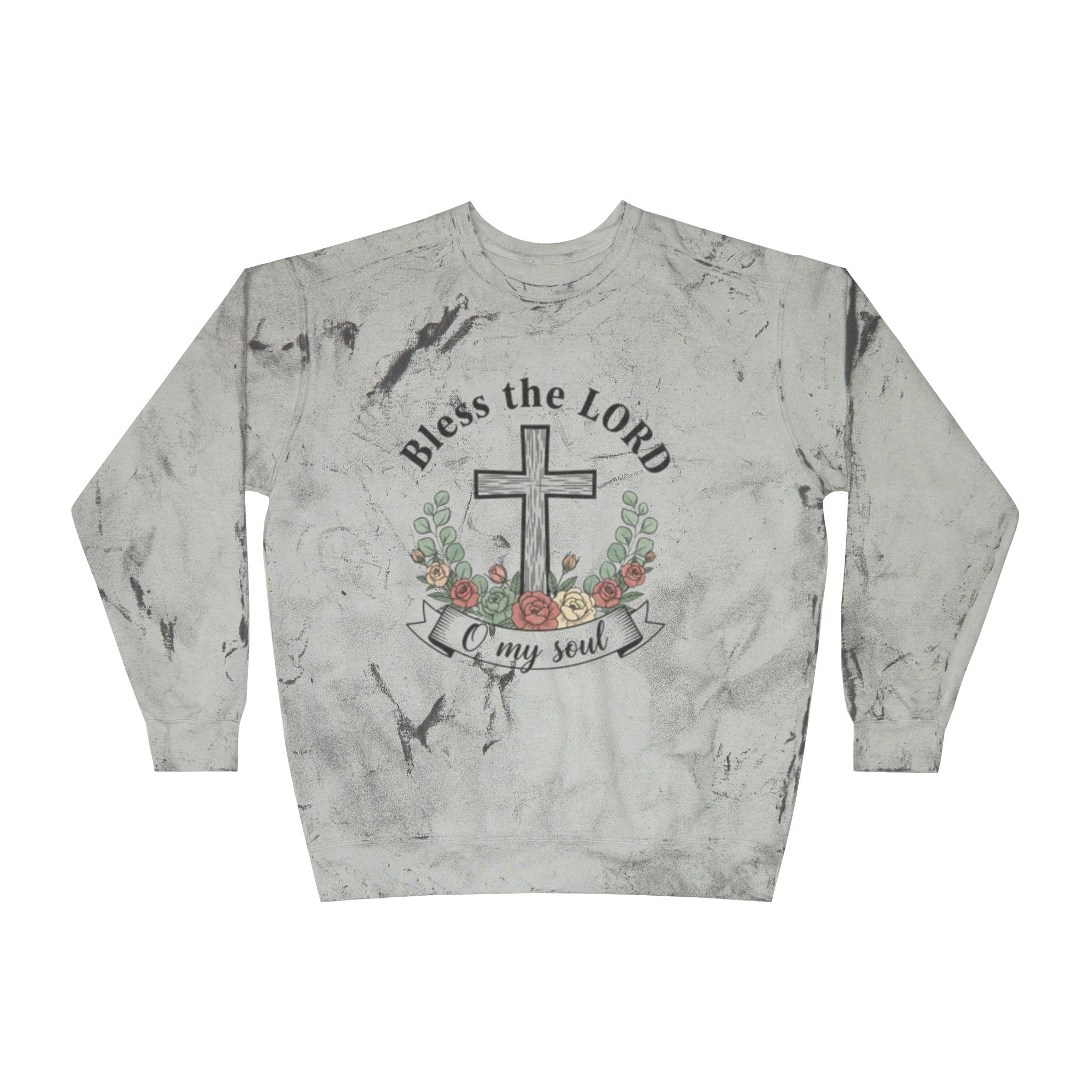 Christian sweatshirt Pullover featuring 'Bless the Lord O my soul' and Easter cross design on a gray background.