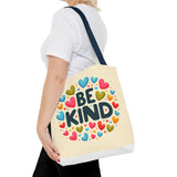 "Be Kind" Tote Bag - Colorful Heart Design, Motivational Accessory Printify