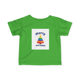 Infant Tee — "Merry and Happy" Rainbow Tree Holiday Baby Shirt Printify