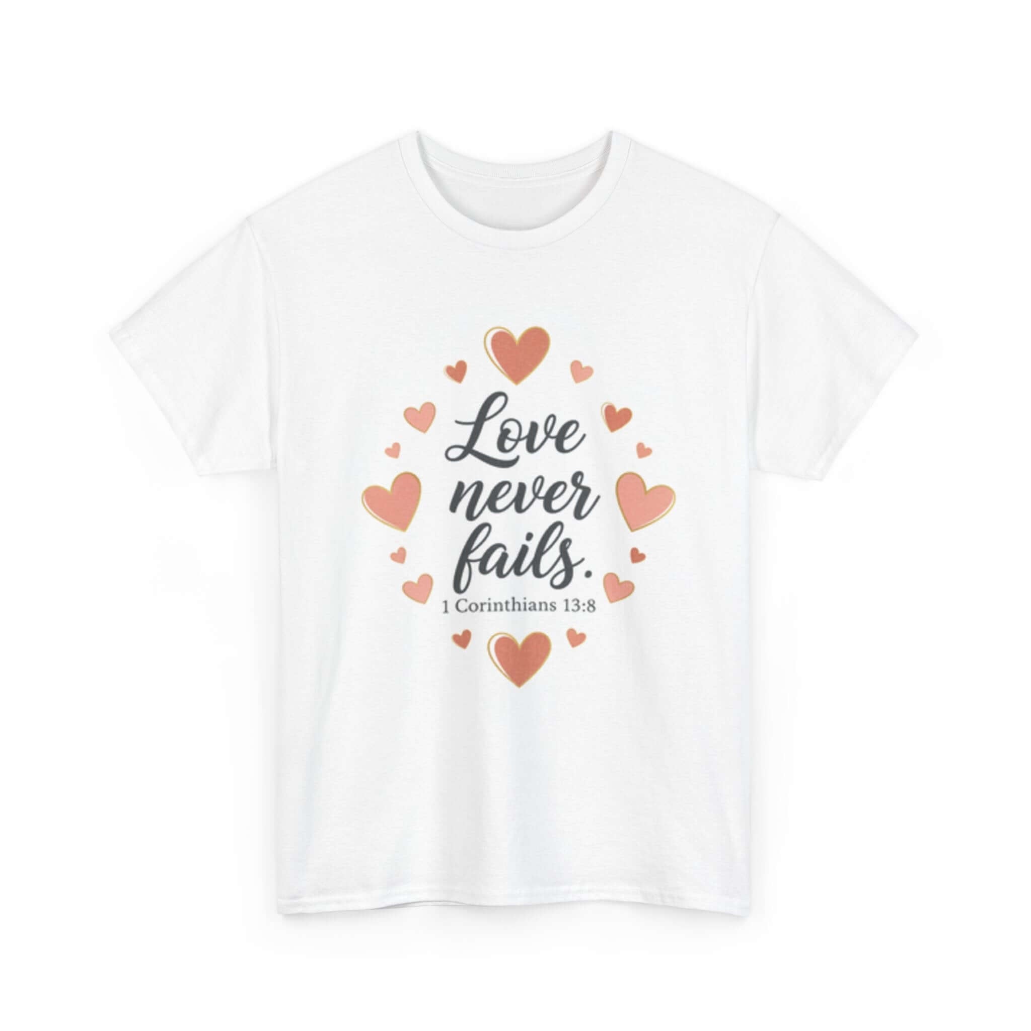 Love Never Fails Matching Mom + Baby Bundle white t-shirt with heart design and text.
