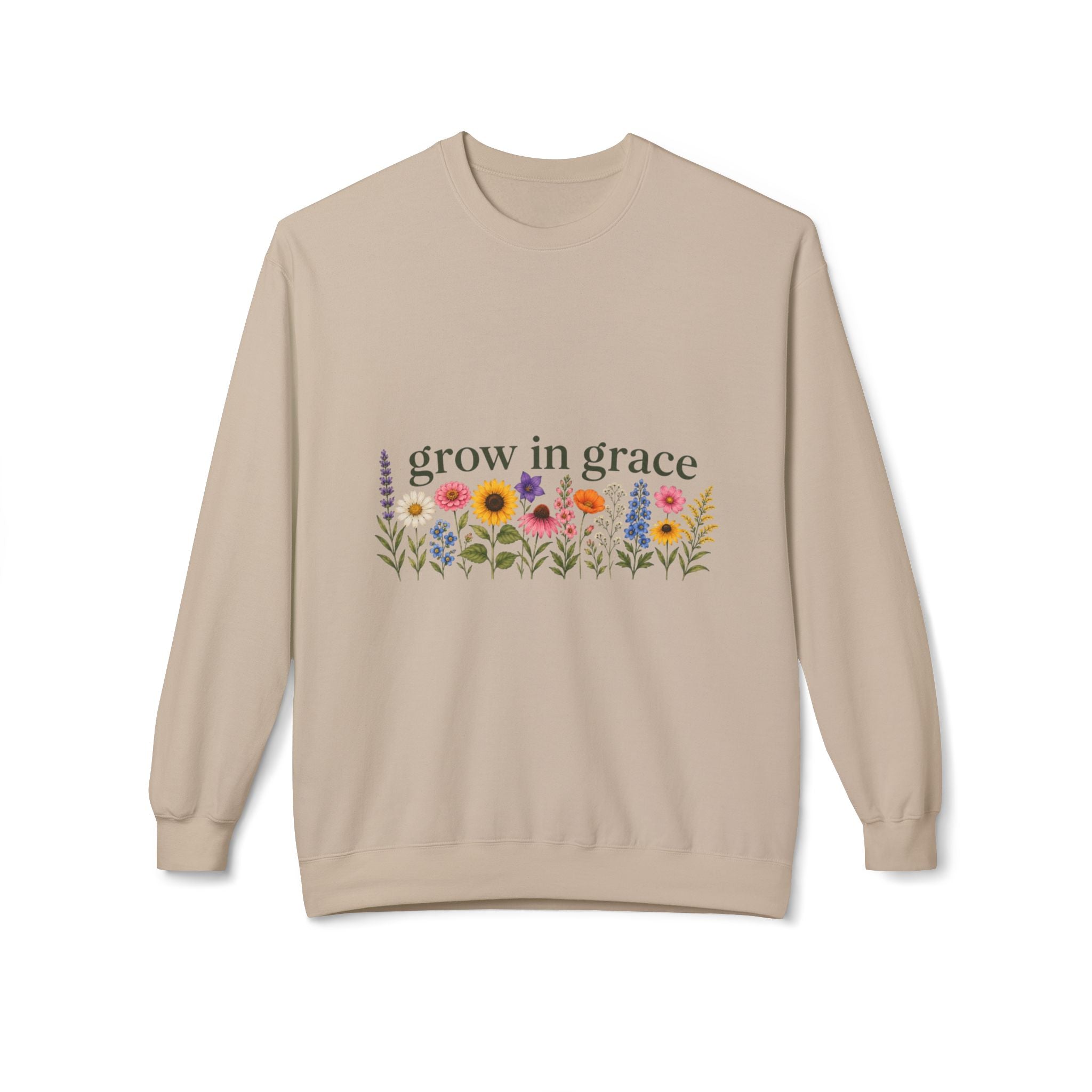 Grow In Grace Flowers Sweatshirt featuring floral design and inspirational phrase on a beige crewneck.