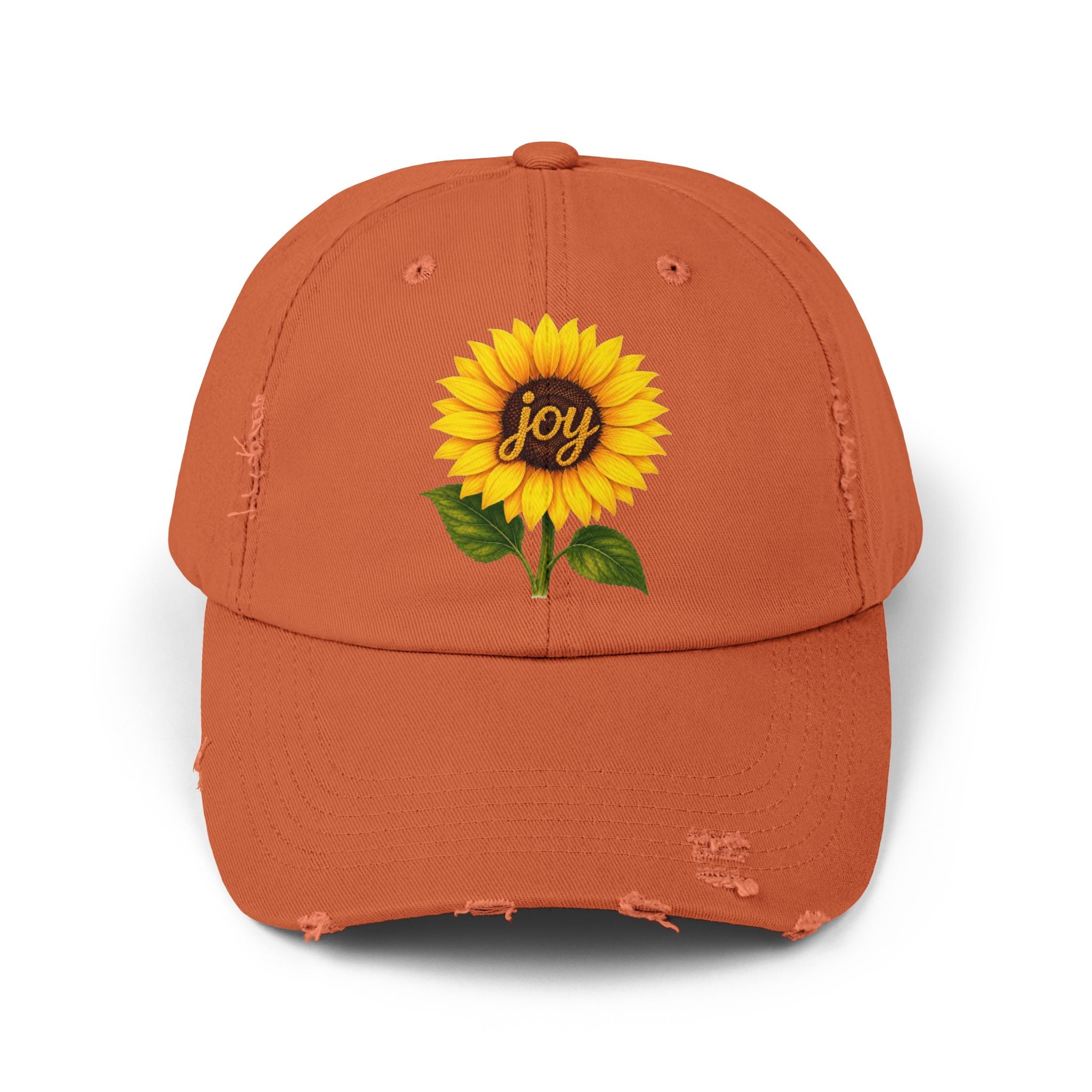 Sunflower Joy Distressed Cap featuring a hand-painted sunflower and the word joy on a distressed orange cap.
