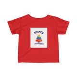 Infant Tee — "Merry and Happy" Rainbow Tree Holiday Baby Shirt Printify