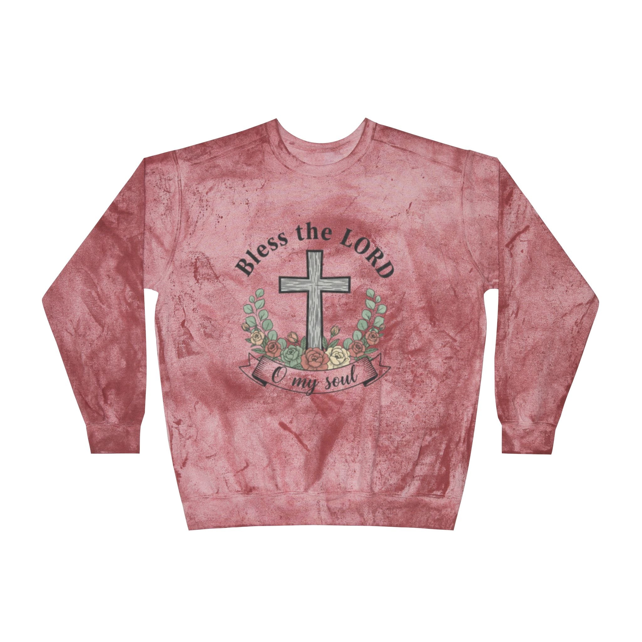 Christian sweatshirt Pullover featuring 'Bless the Lord O my soul' and Easter cross design on a red background.