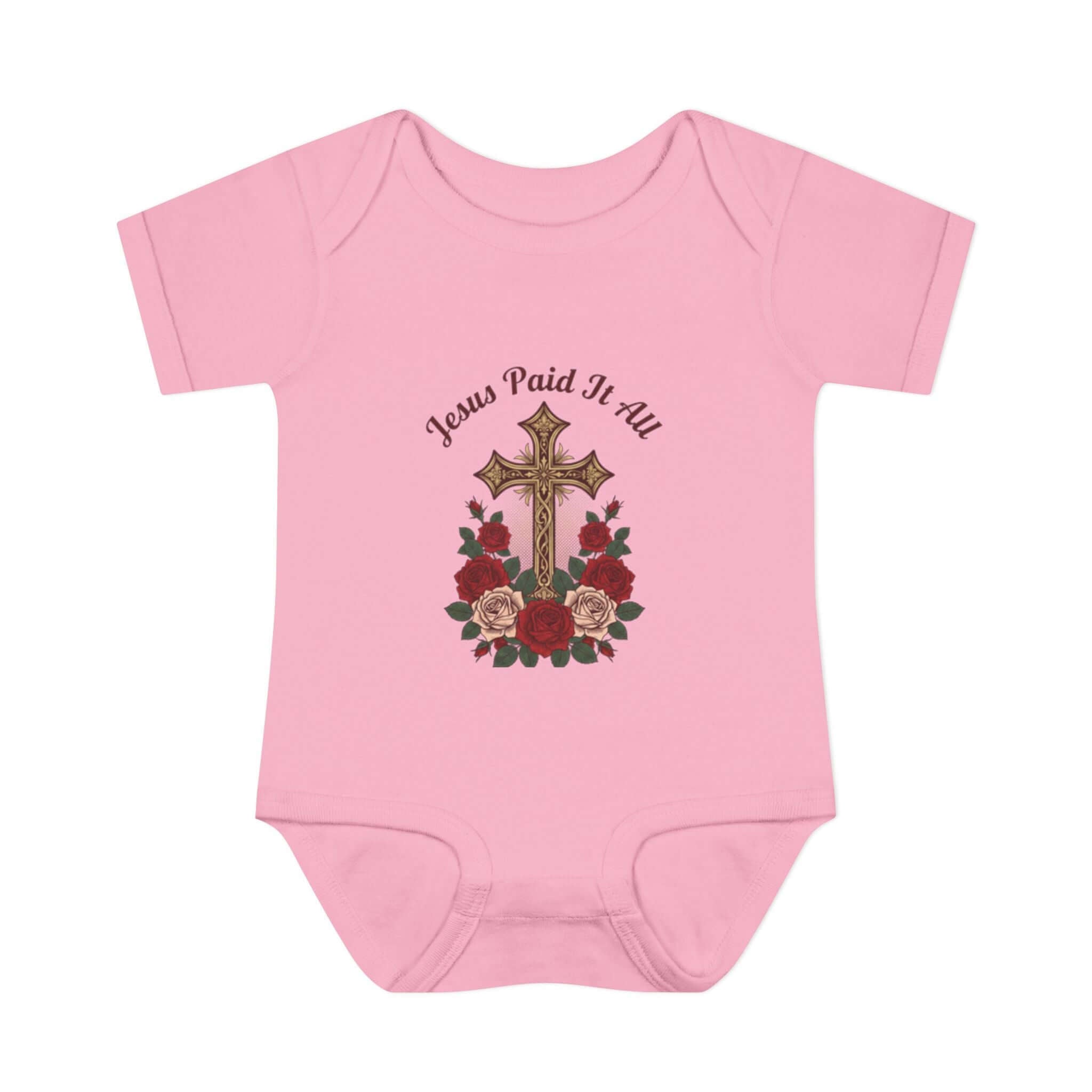 Baby Apparel light Pink infant bodysuit featuring cross and "Jesus Paid It All" design with floral accents.
