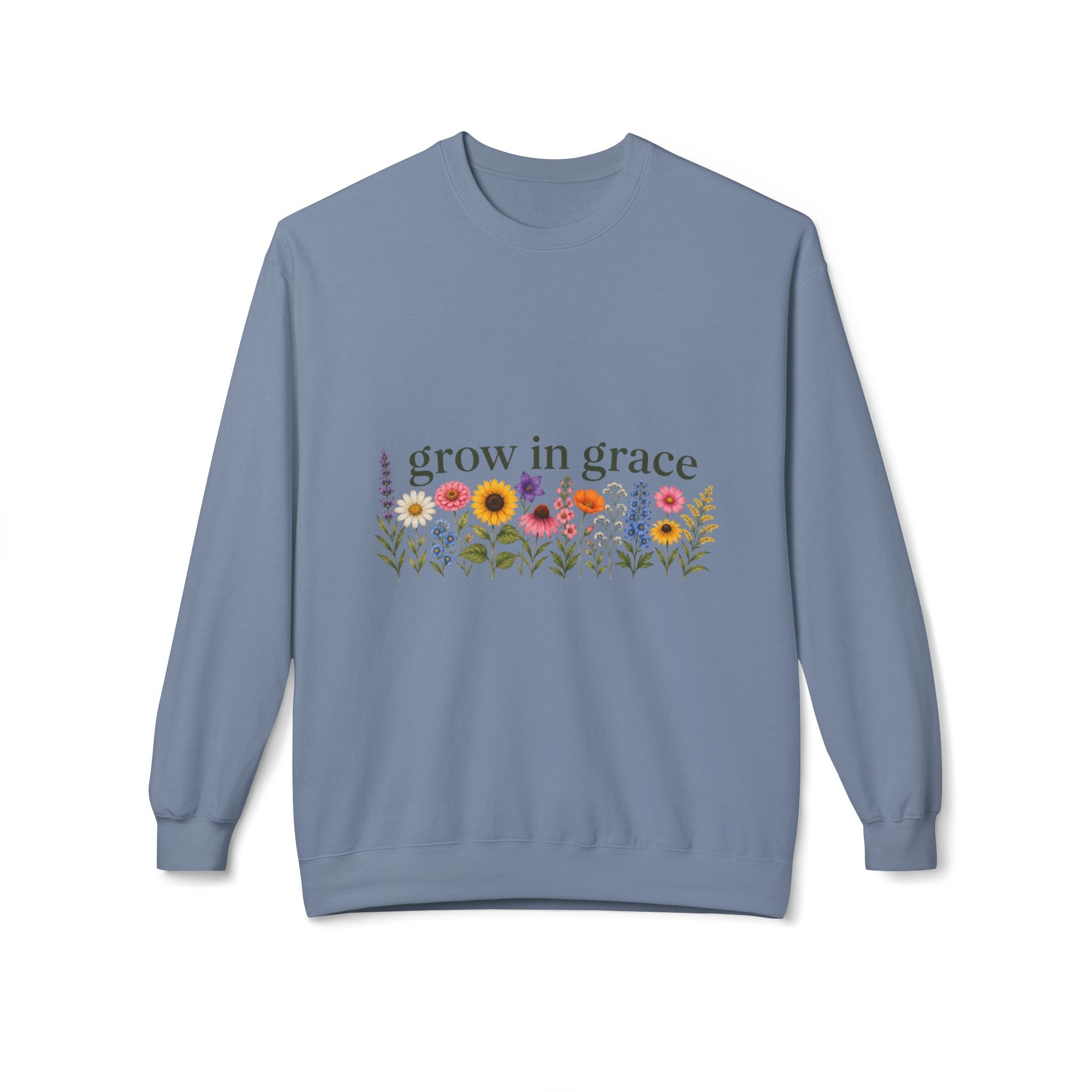 Grow In Grace Flowers Sweatshirt with floral design and blue background for comfortable style.