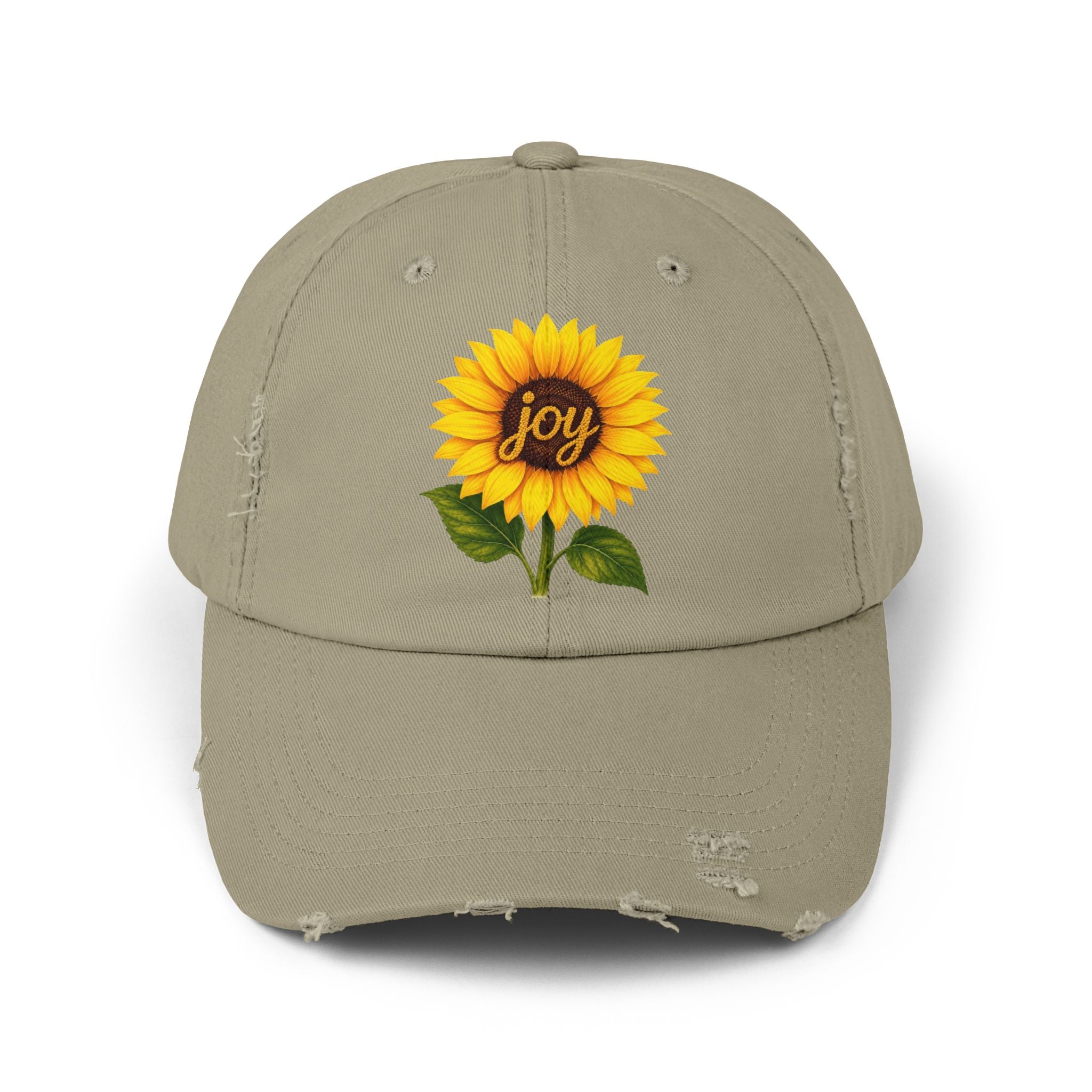 Sunflower Joy Distressed Cap featuring a hand-painted sunflower and the word joy, ideal for sunny casual outings.
