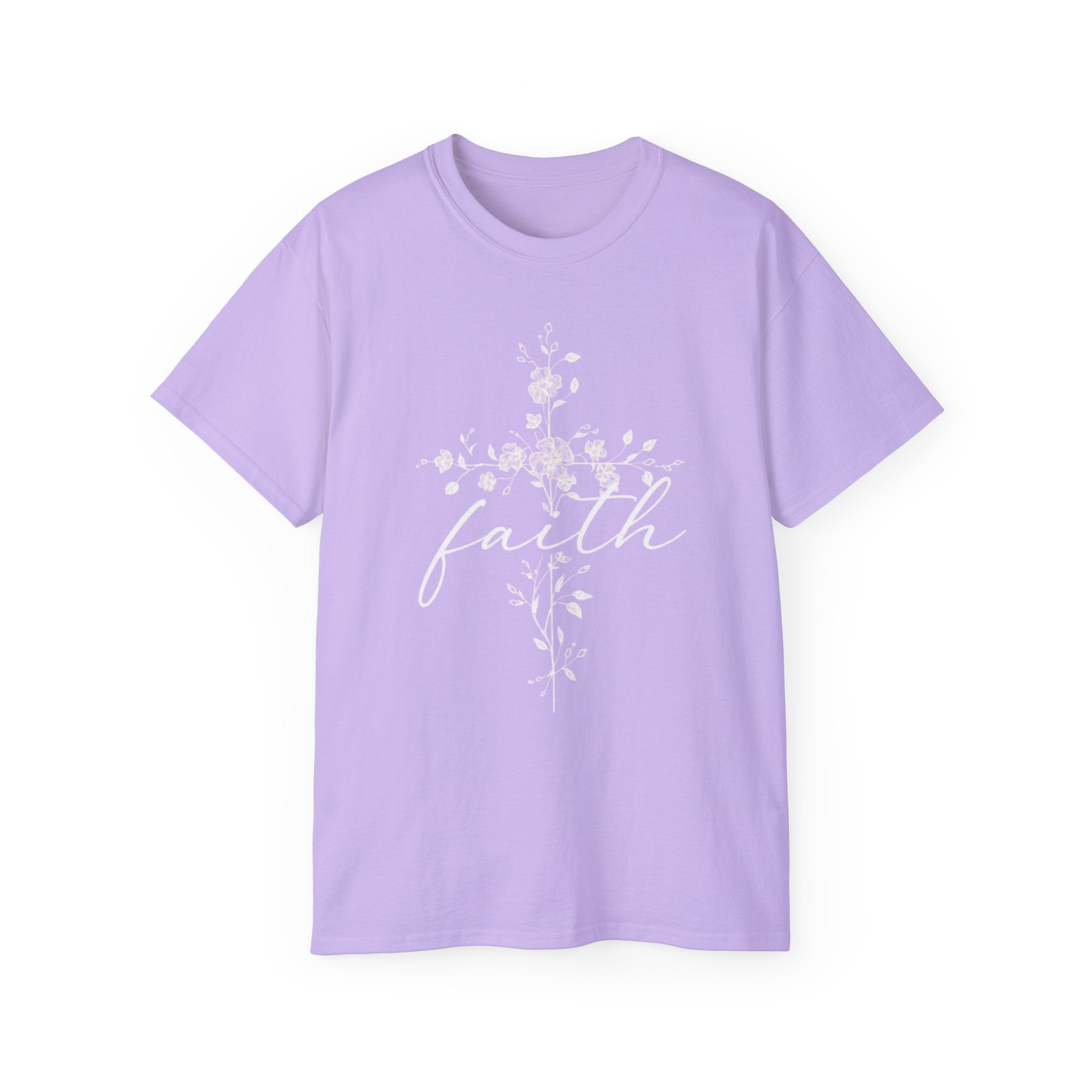 Faith Floral Cross T-Shirt for Women in lavender with floral cross design and the word faith.