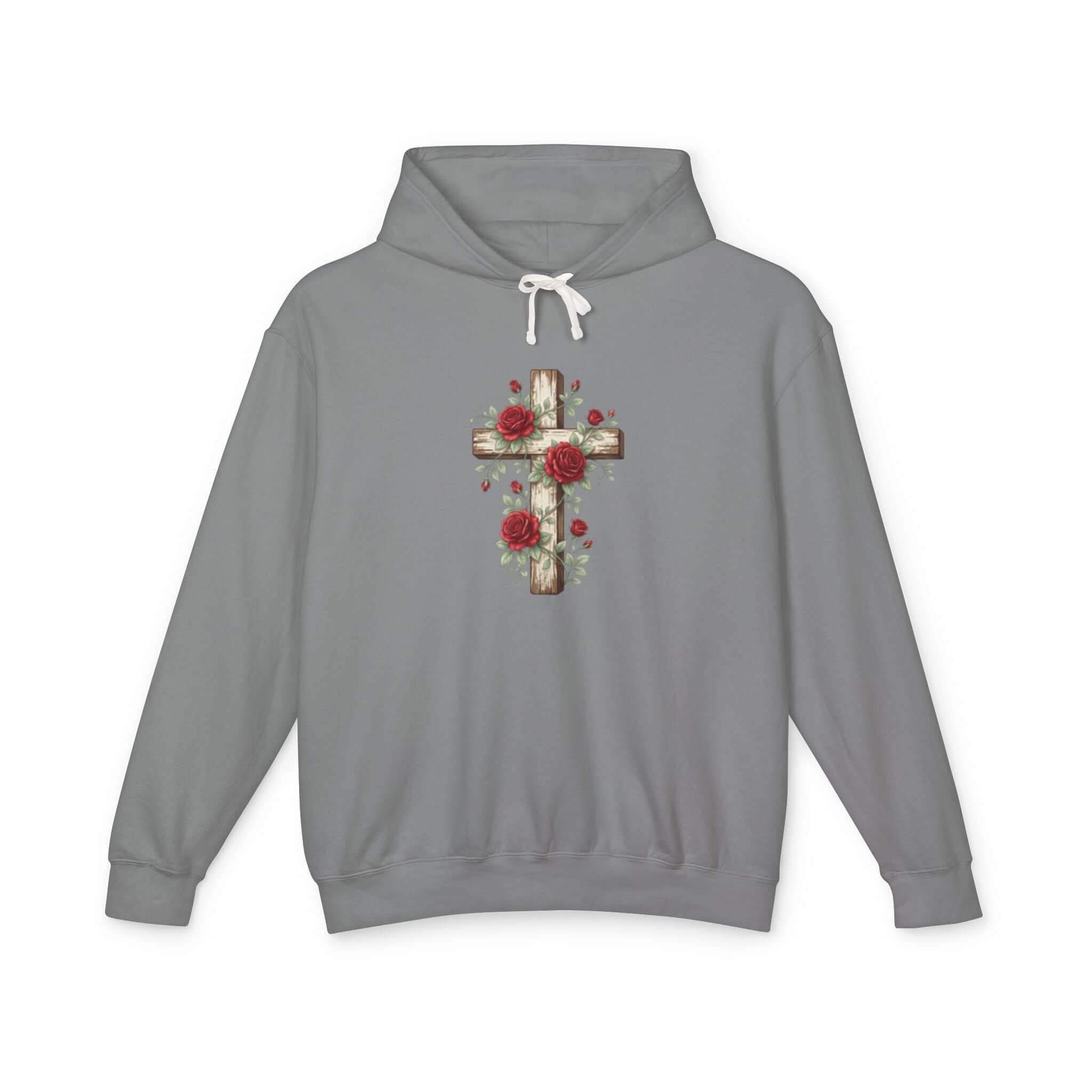 Christian sweatshirt featuring a gray cross design, perfect for casual wear and expressing faith.