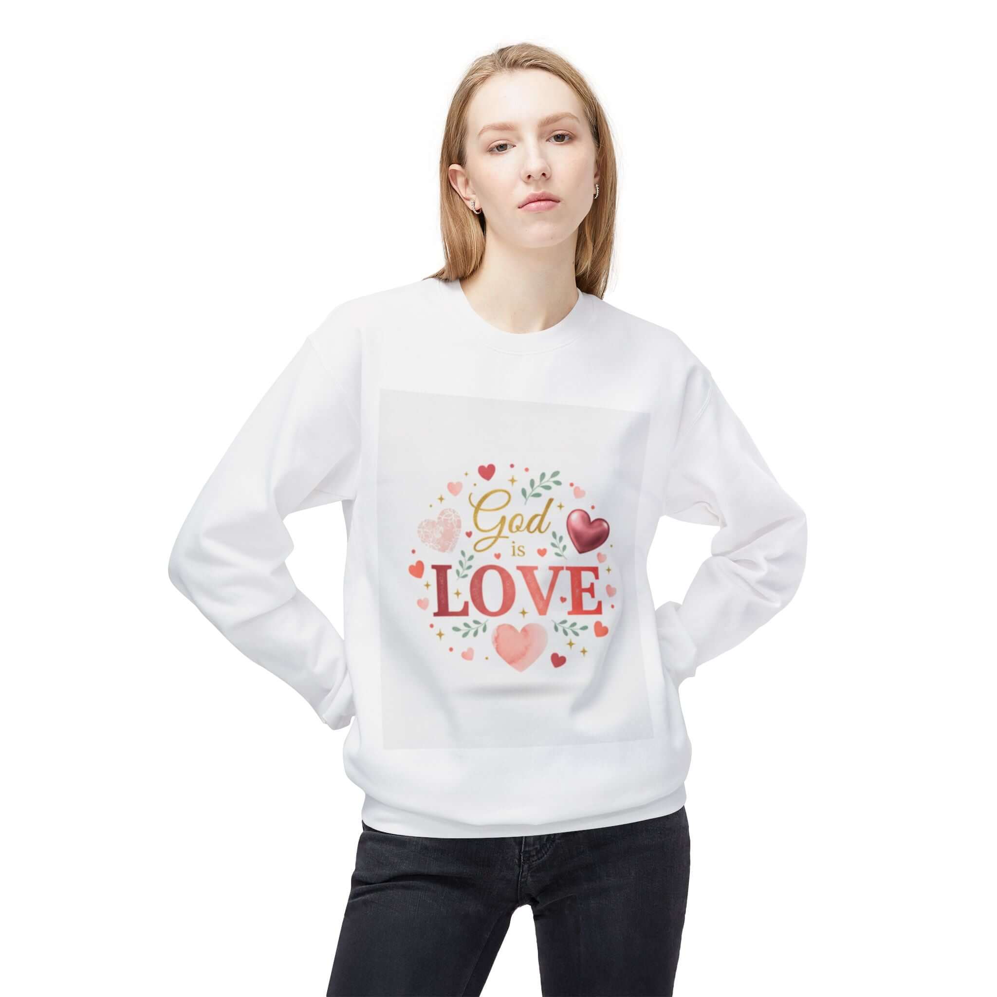 Woman wearing a white christian sweatshirt with 'God is Love' graphic design.