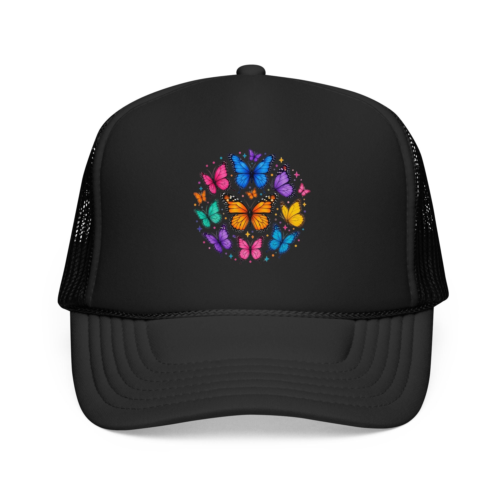 Butterfly Circle Trucker Hat featuring colorful rainbow butterflies on a black foam cap.