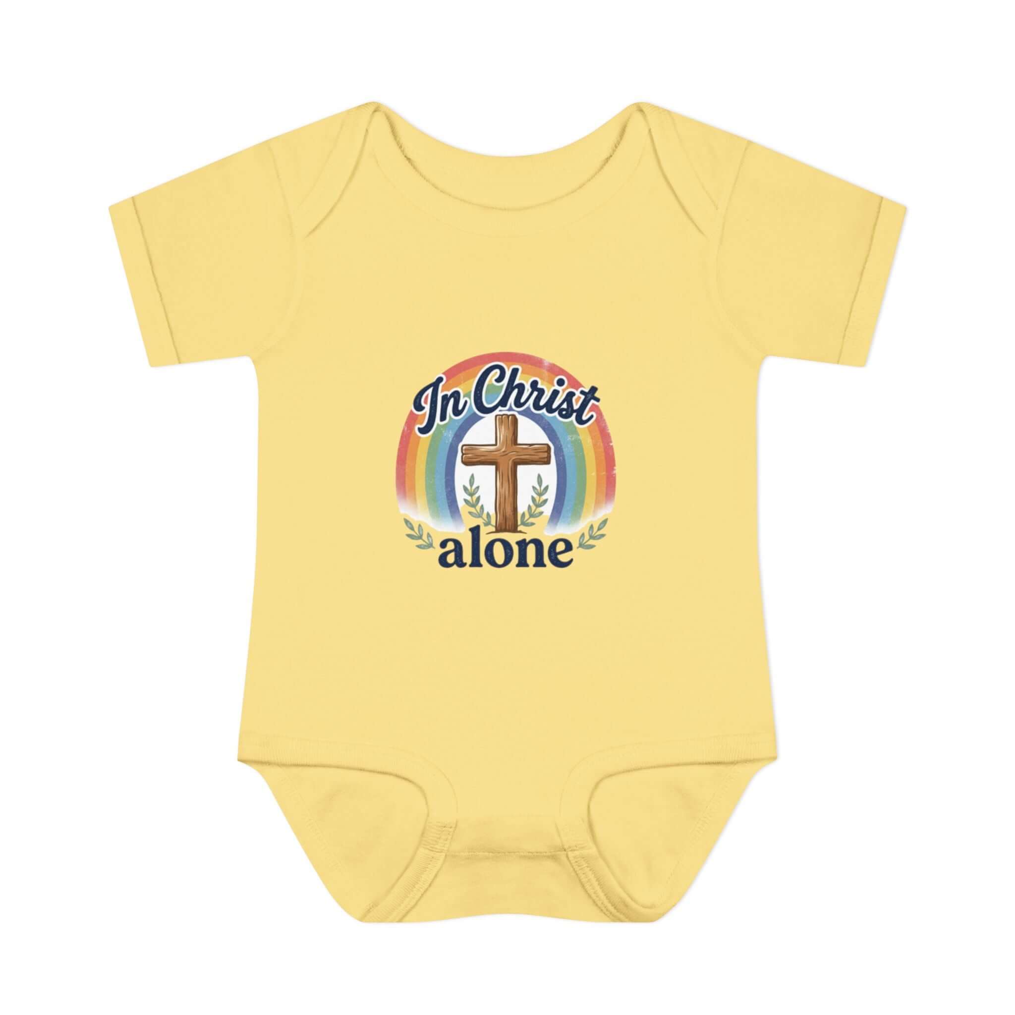 Infant Apparel yellow "In Christ Alone" Cross Rainbow Christian Baby Onesie