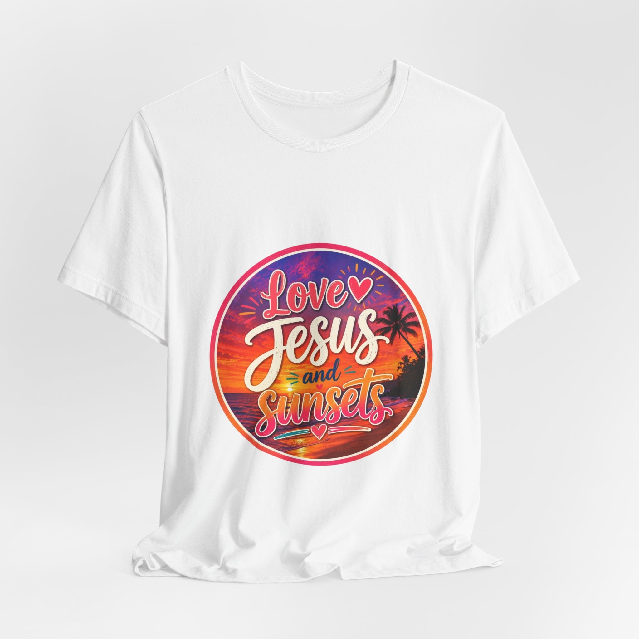 Christian Faith Palm Tree Sunset T-Shirt featuring a colorful sunset design with 'Love Jesus and Sunsets.'