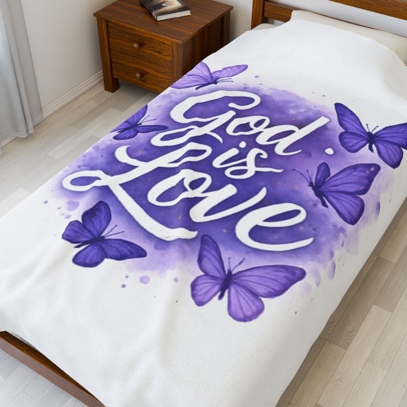 God is Love Velveteen Plush Blanket,  Butterfly Design, Purple Blanket