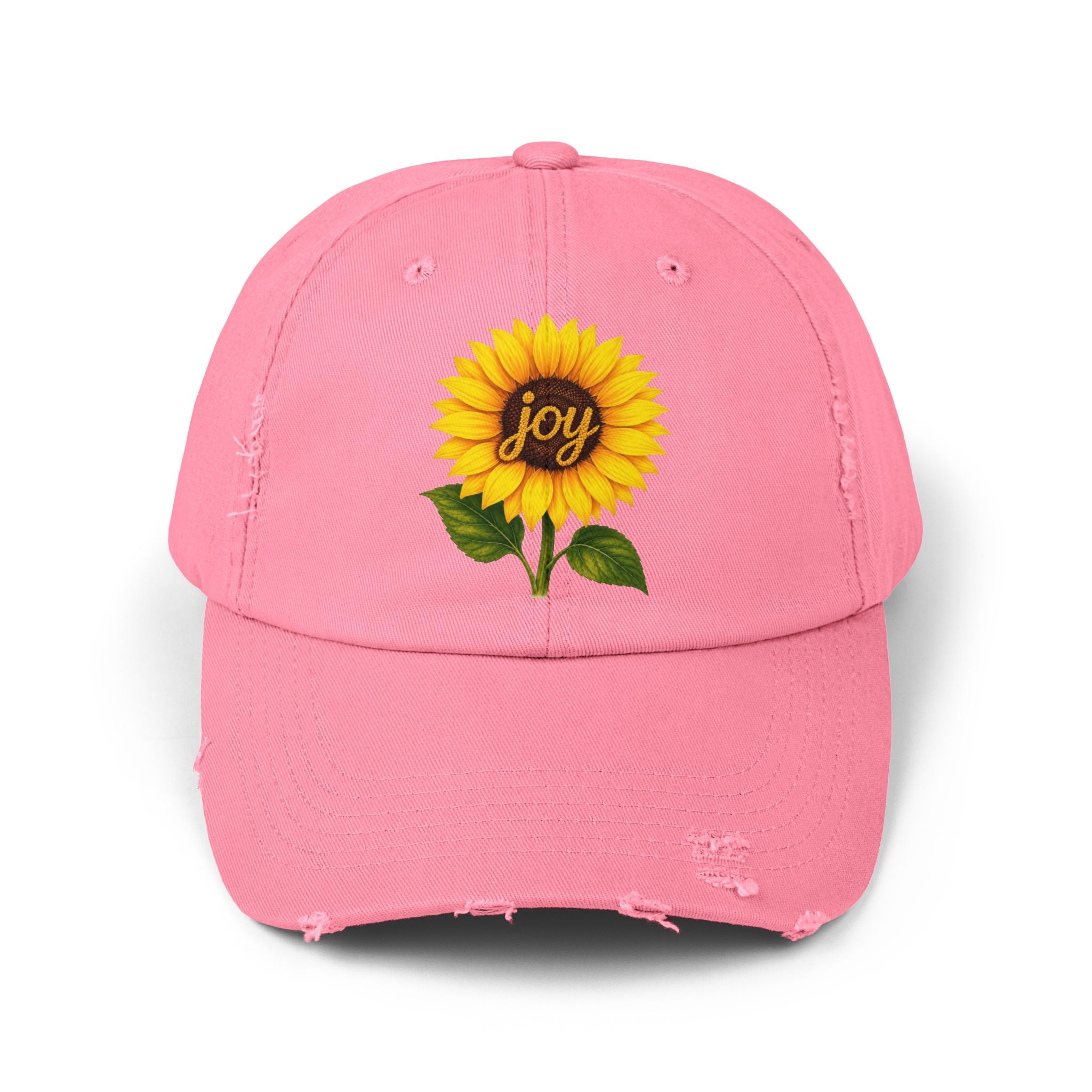 Sunflower Joy Distressed Cap featuring a hand-painted sunflower and the word 'joy' on a pink cotton cap.