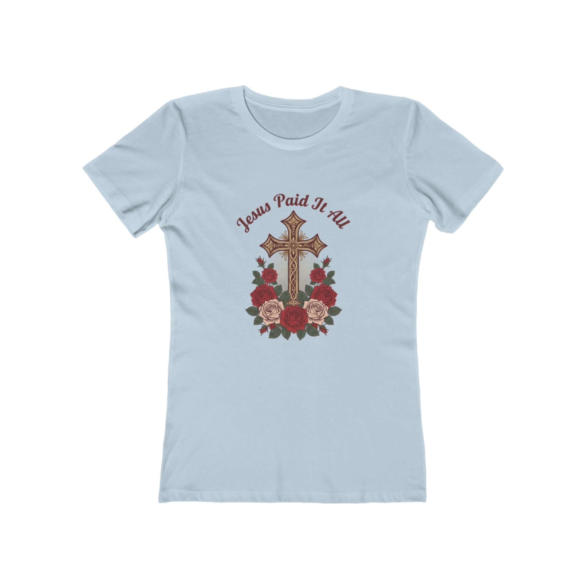 Christian T-Shirts featuring a cross and roses design with 'Jesus Paid It All' text on a light blue shirt.