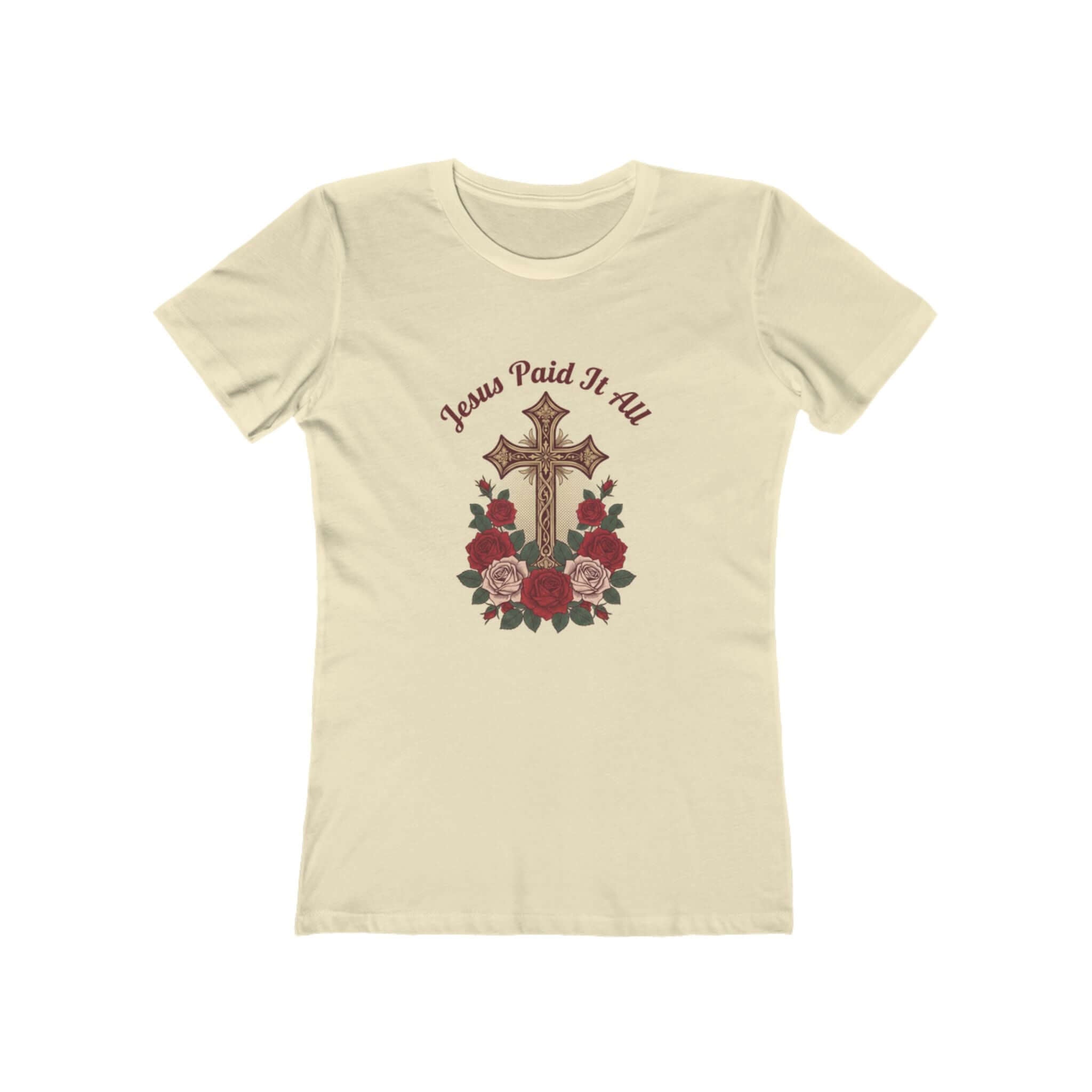 Christian T-Shirts featuring a cross and roses design with 'Jesus Paid It All' text on a cream shirt.