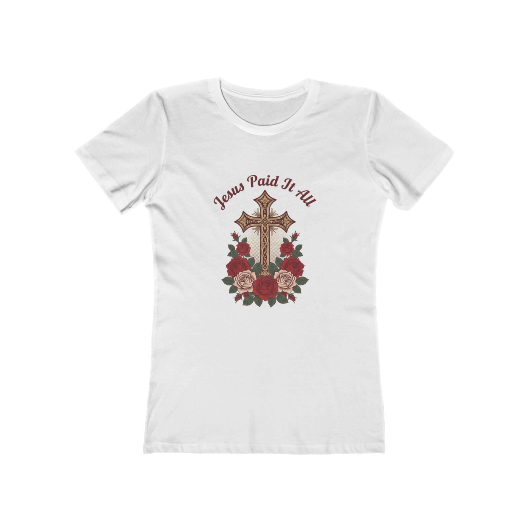 Christian T-Shirts featuring a cross and roses design with 'Jesus Paid It All' text on a white  shirt.