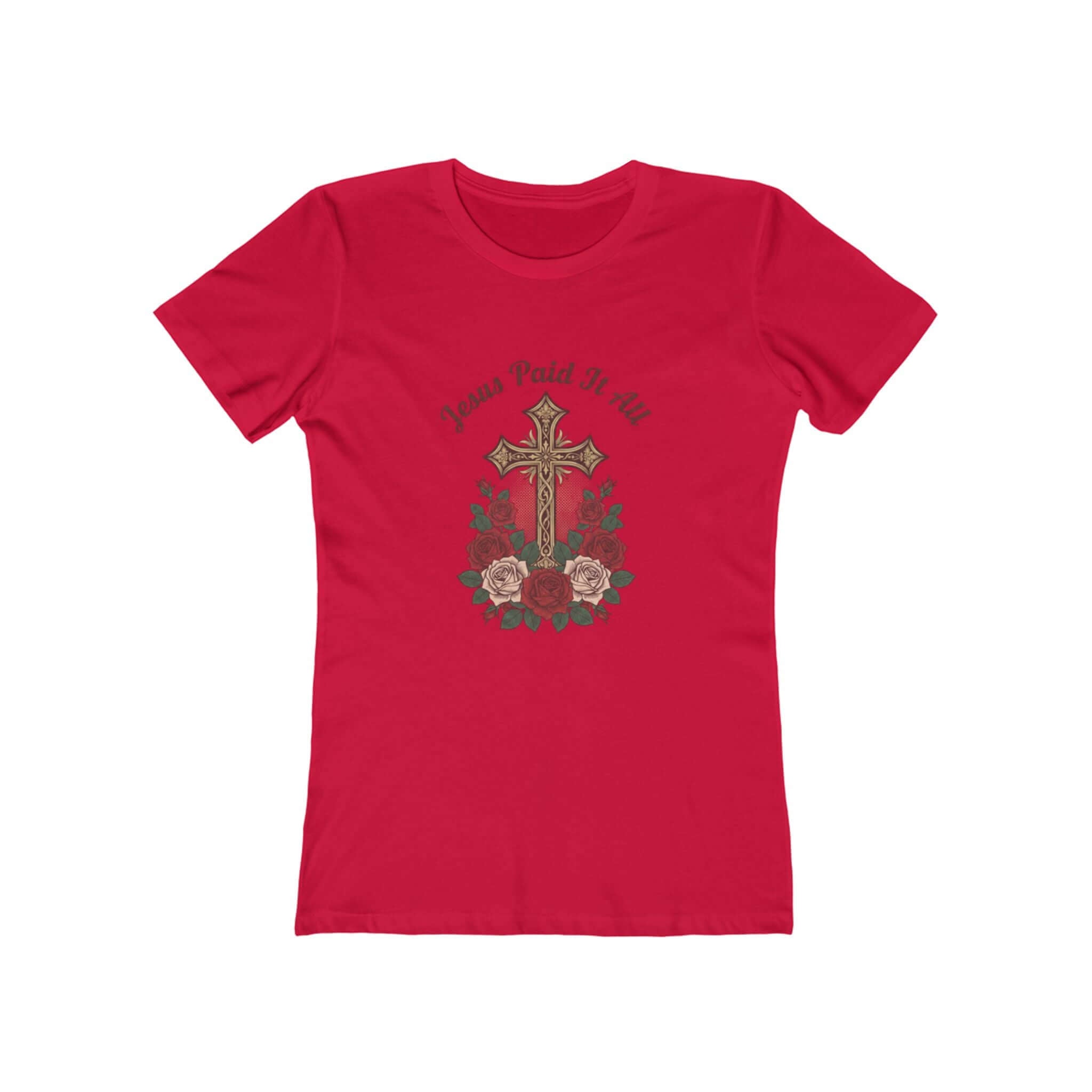 Christian T-Shirts featuring a cross and roses design with 'Jesus Paid It All' text on a Turquoise shirt.