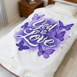 God is Love Velveteen Plush Blanket,  Butterfly Design, Purple Blanket