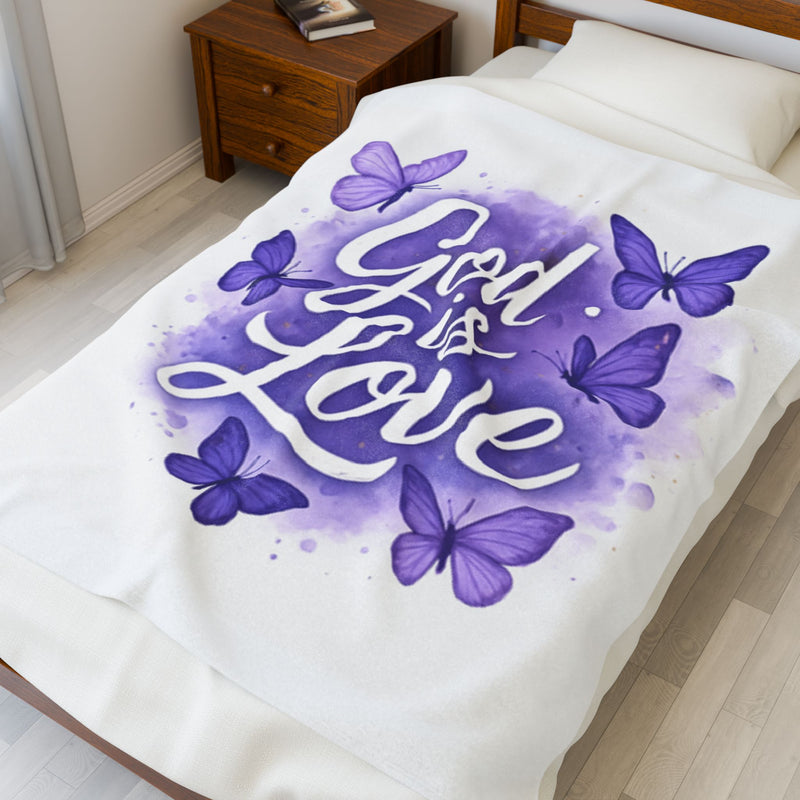 God is Love Velveteen Plush Blanket,  Butterfly Design, Purple Blanket