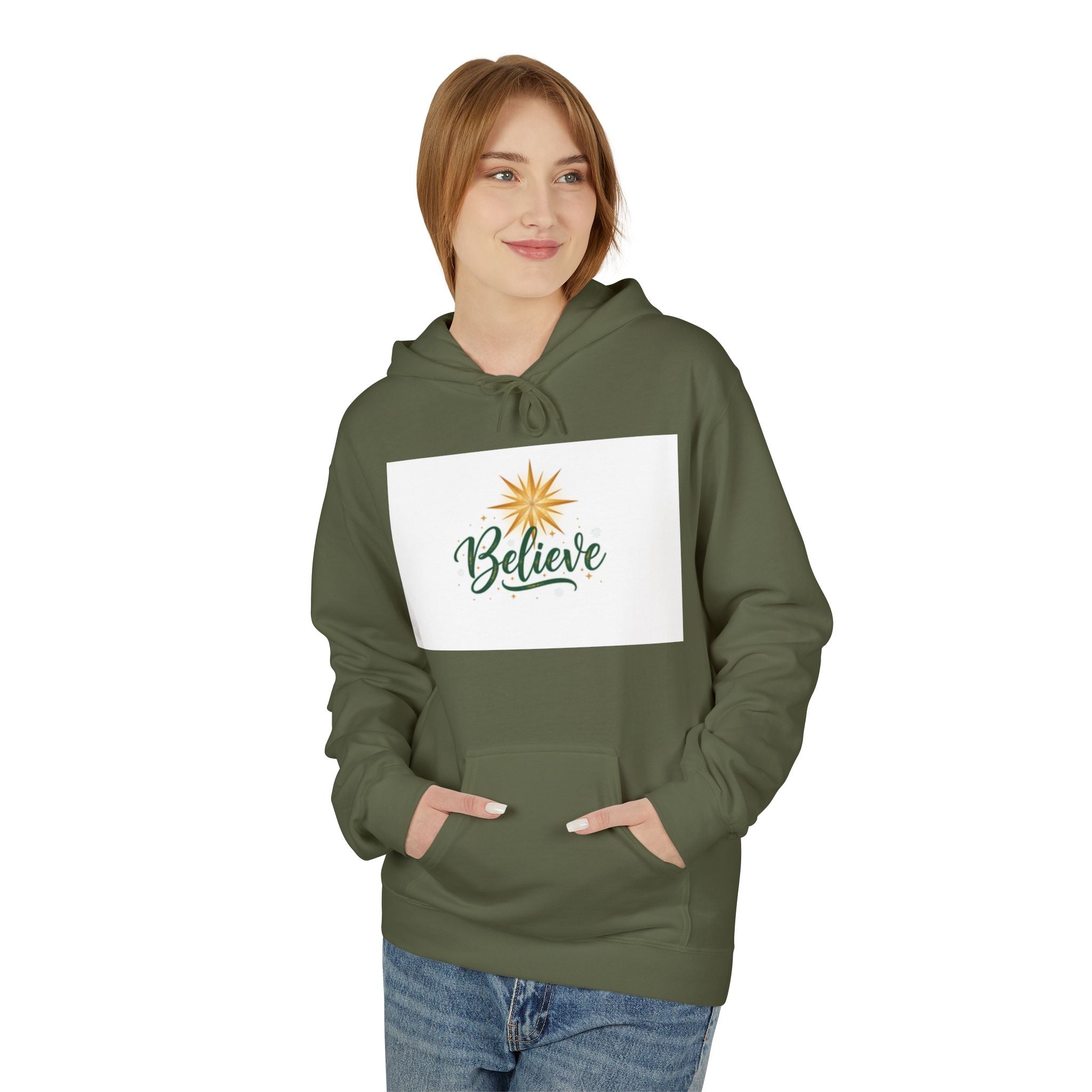 christian sweatshirt Believe Holiday Hoodie  olive