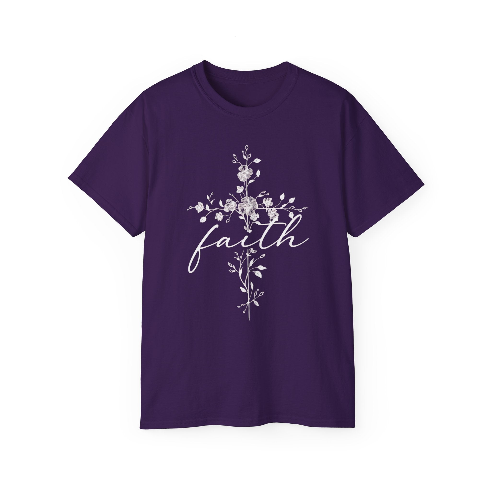 Faith Floral Cross T-Shirt for Women featuring a floral design on a purple shirt.