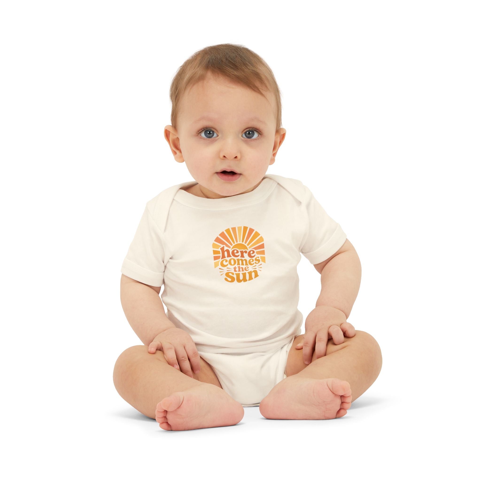 Cute Baby Bodysuit featuring the phrase 'Here Comes The Sun' with a cheerful design for infants.