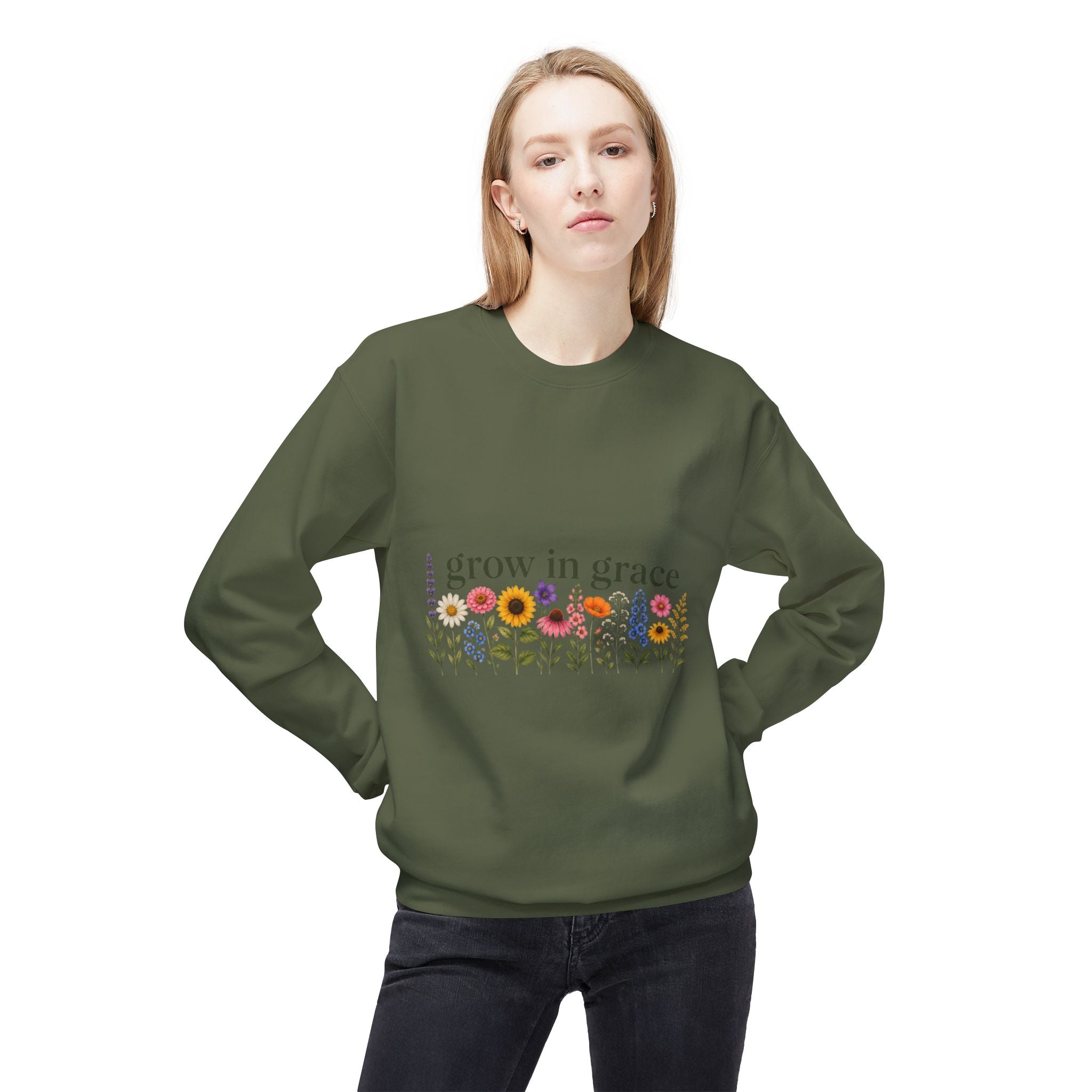 Grow In Grace Flowers Sweatshirt on model, featuring floral design and cozy crewneck style.