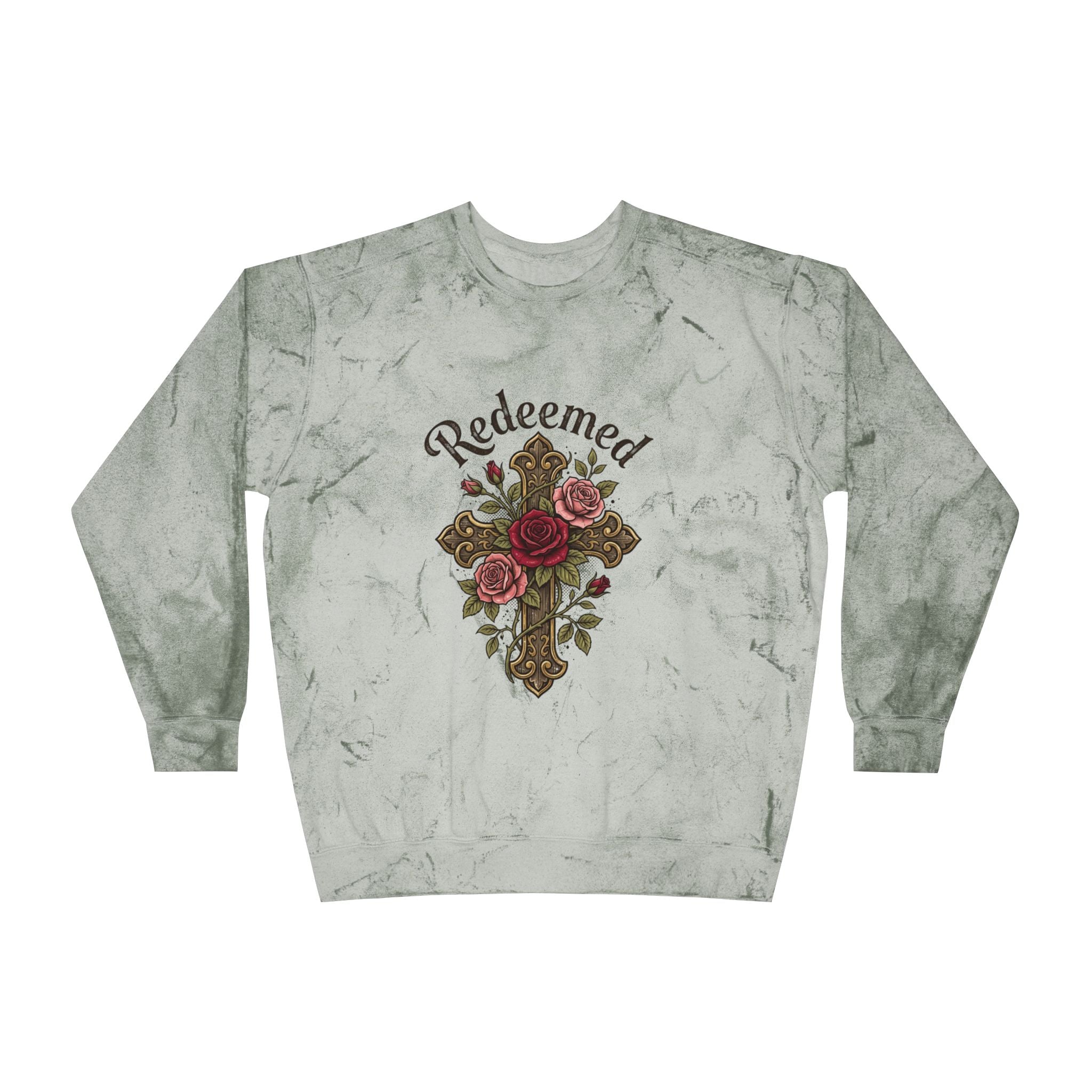 Christian sweatshirt featuring a hand-drawn cross with roses and the word 'Redeemed' on a vintage-style grayTie-Dye  Pi crewneck.
