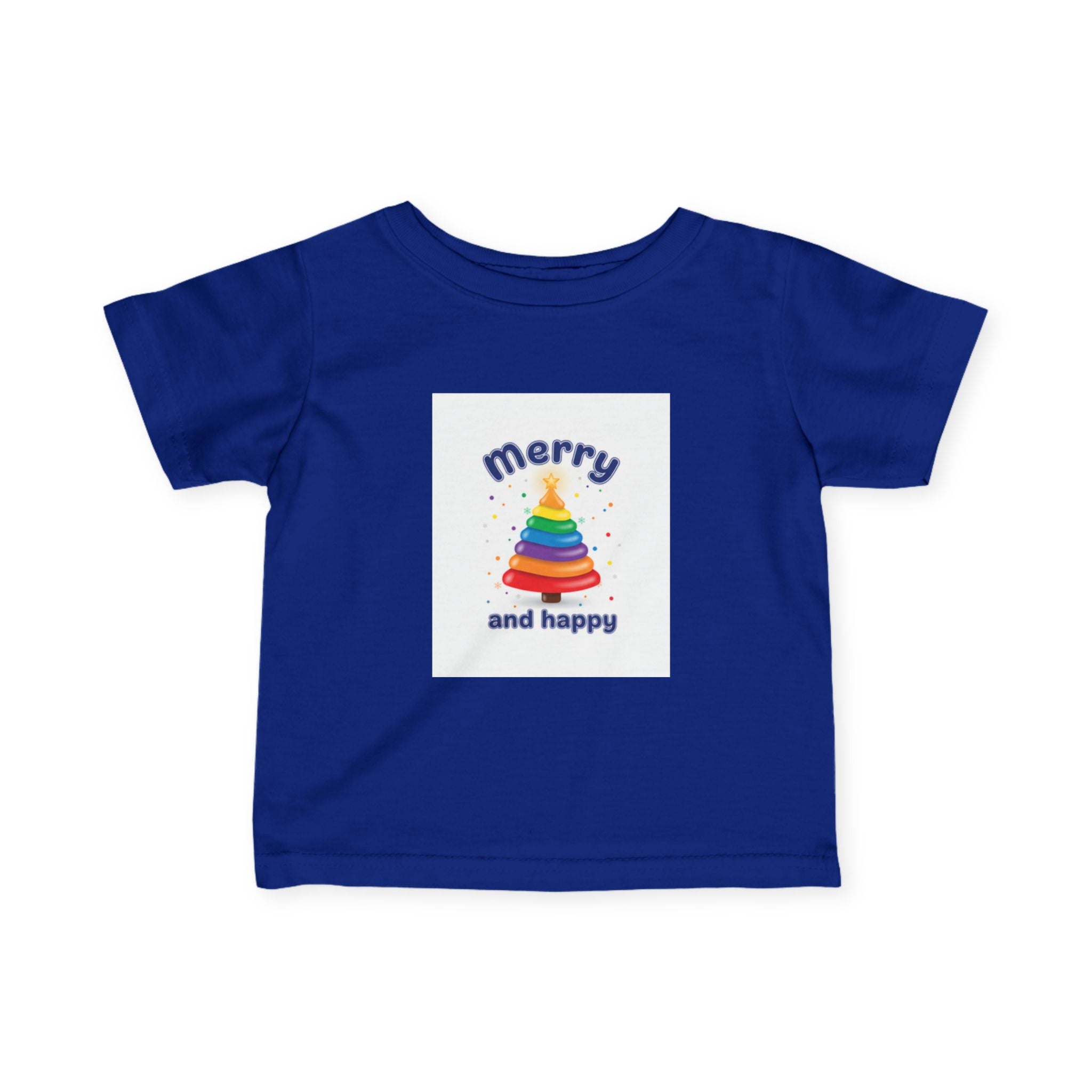 Infant Tee — "Merry and Happy" Rainbow Tree Holiday Baby Shirt dark blue