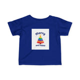 Infant Tee — "Merry and Happy" Rainbow Tree Holiday Baby Shirt Printify