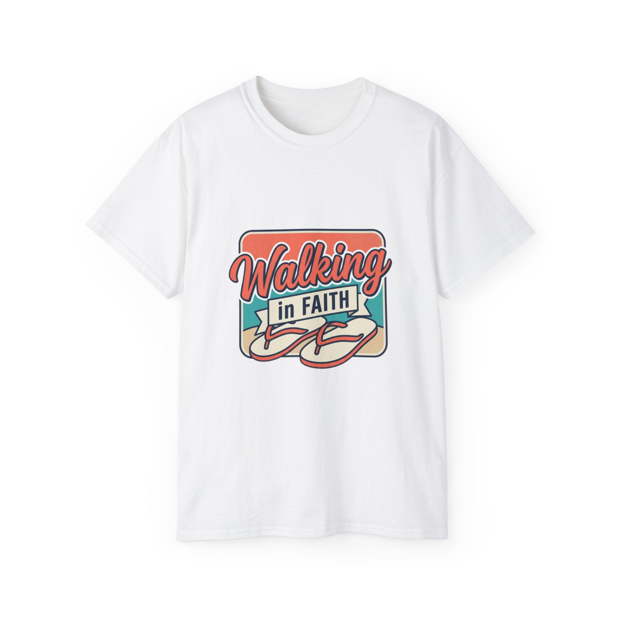 Walking in Faith Beach T-Shirt featuring a vibrant design with the phrase Walking in FAITH on a white tee.