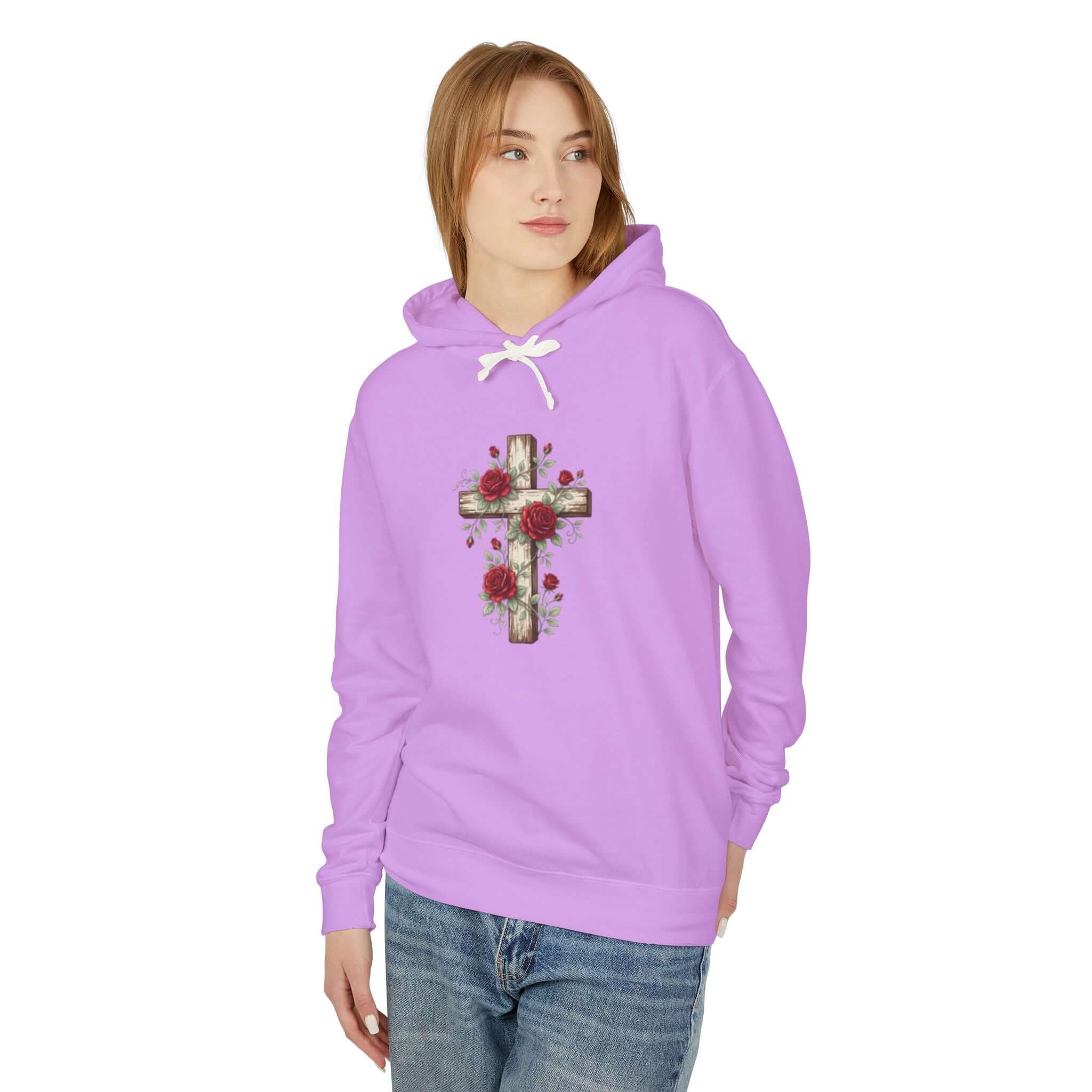 Christian sweatshirt featuring a purple cross design, perfect for casual wear and expressing faith.