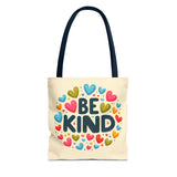 "Be Kind" Tote Bag - Colorful Heart Design, Motivational Accessory Printify