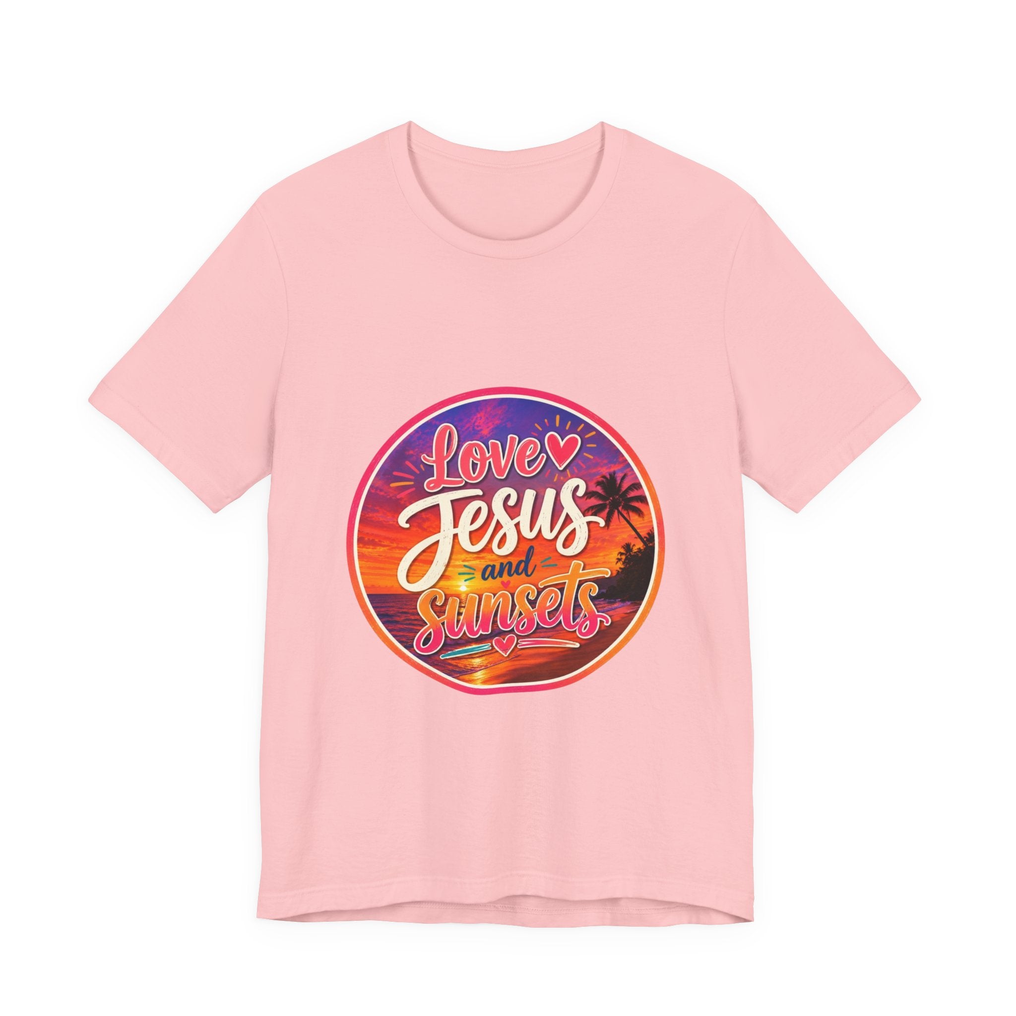 Christian Faith Palm Tree Sunset T-Shirt featuring a sunset design with the text 'Love Jesus and Sunsets'.