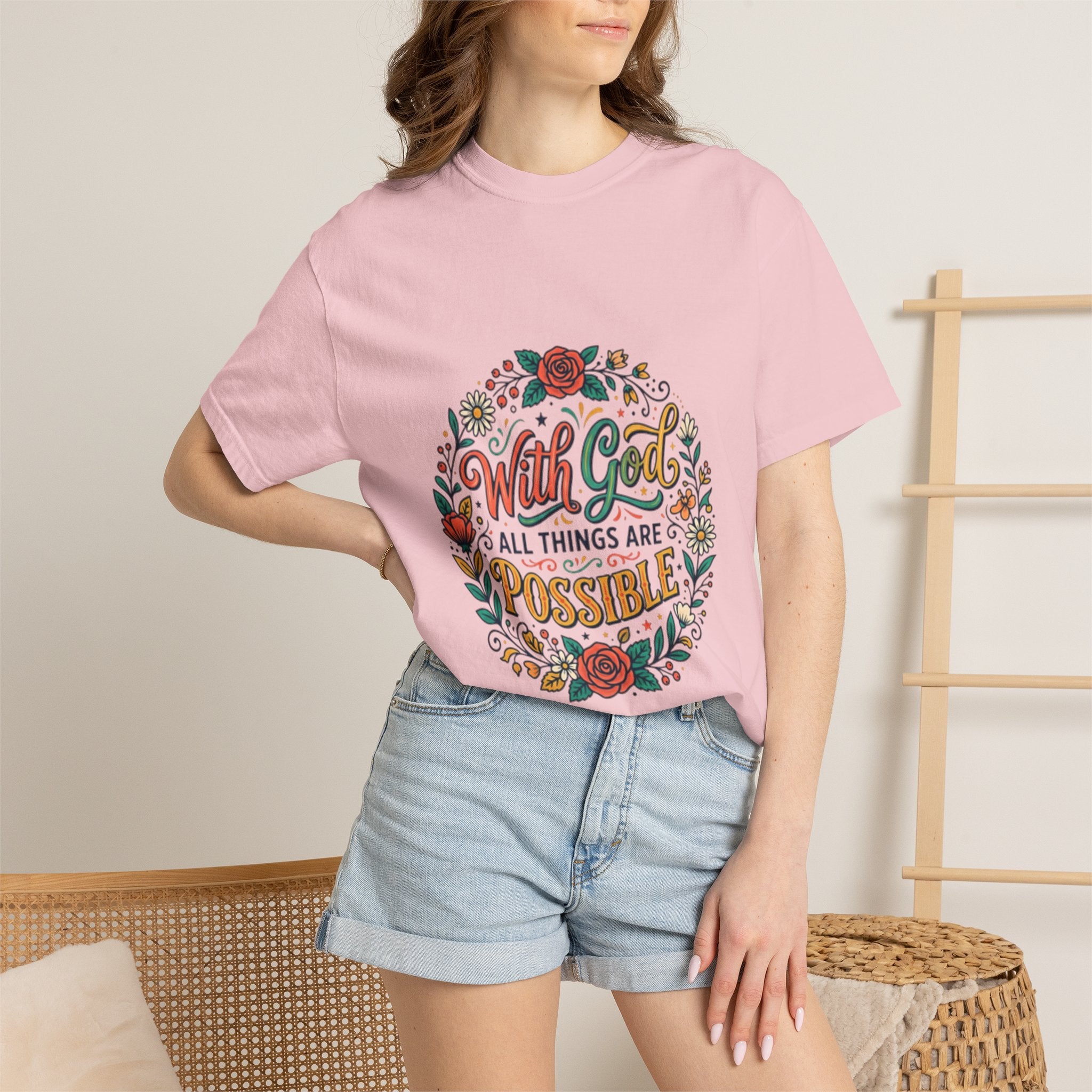 T-Shirt — "With God All Things Are Possible" Floral Faith Tee