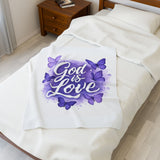 God is Love Velveteen Plush Blanket,  Butterfly Design, Purple Blanket