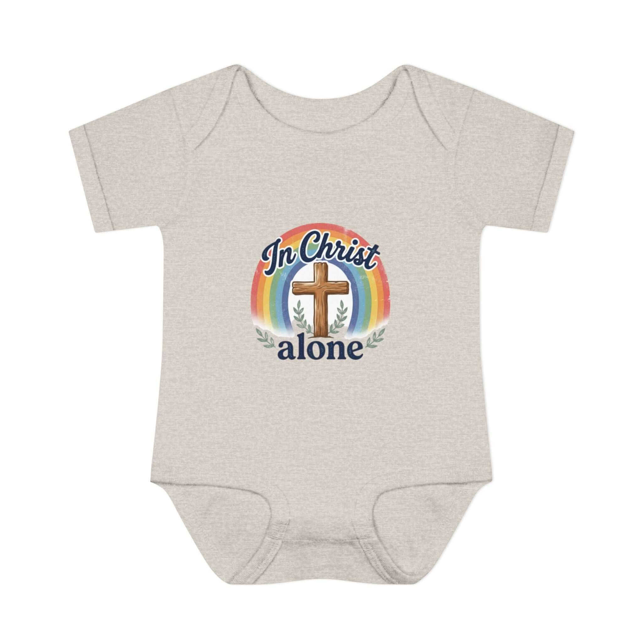 Infant Apparel light gray "In Christ Alone" Cross Rainbow Christian Baby Onesie