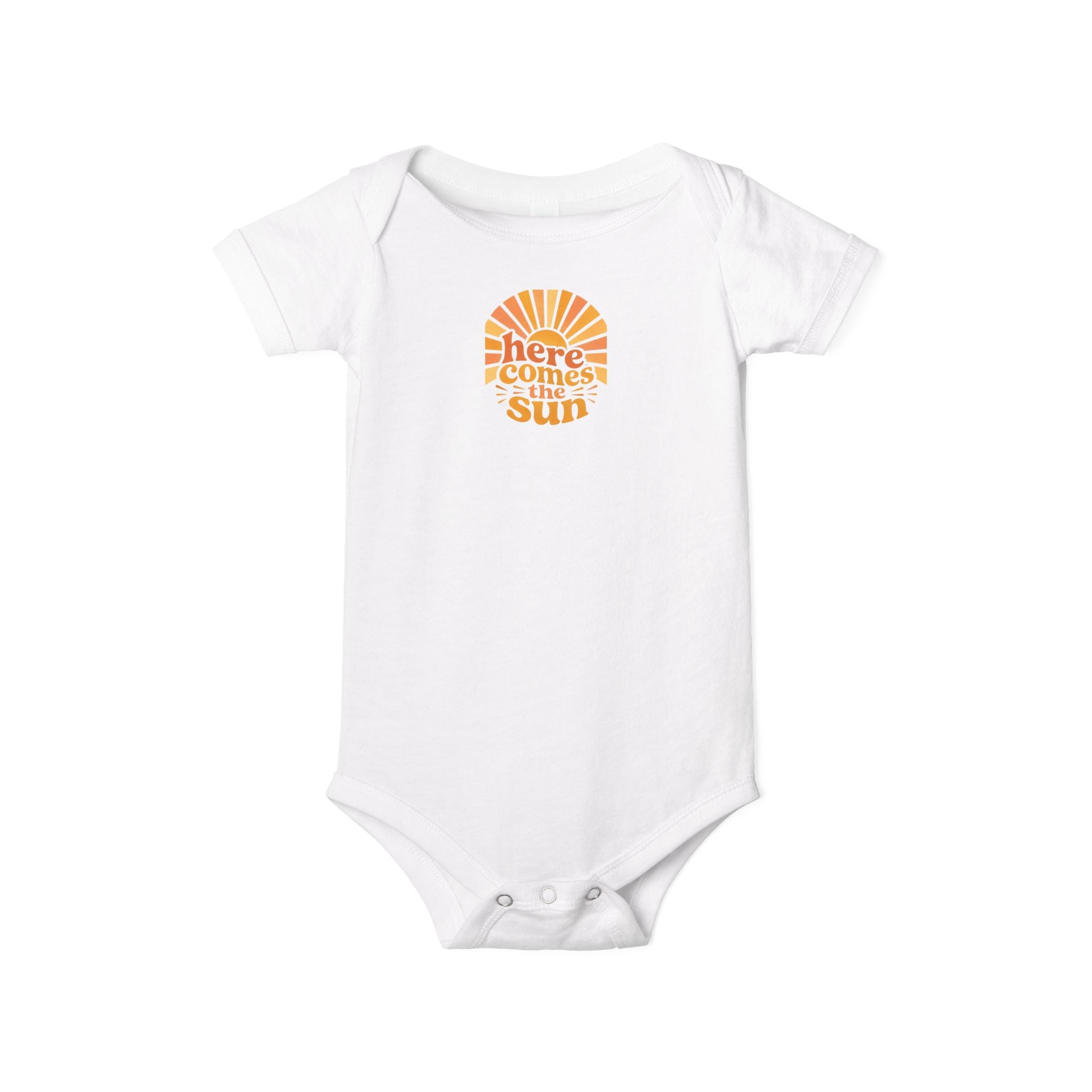Cute Baby Bodysuit featuring the phrase Here Comes The Sun on a white infant one-piece.