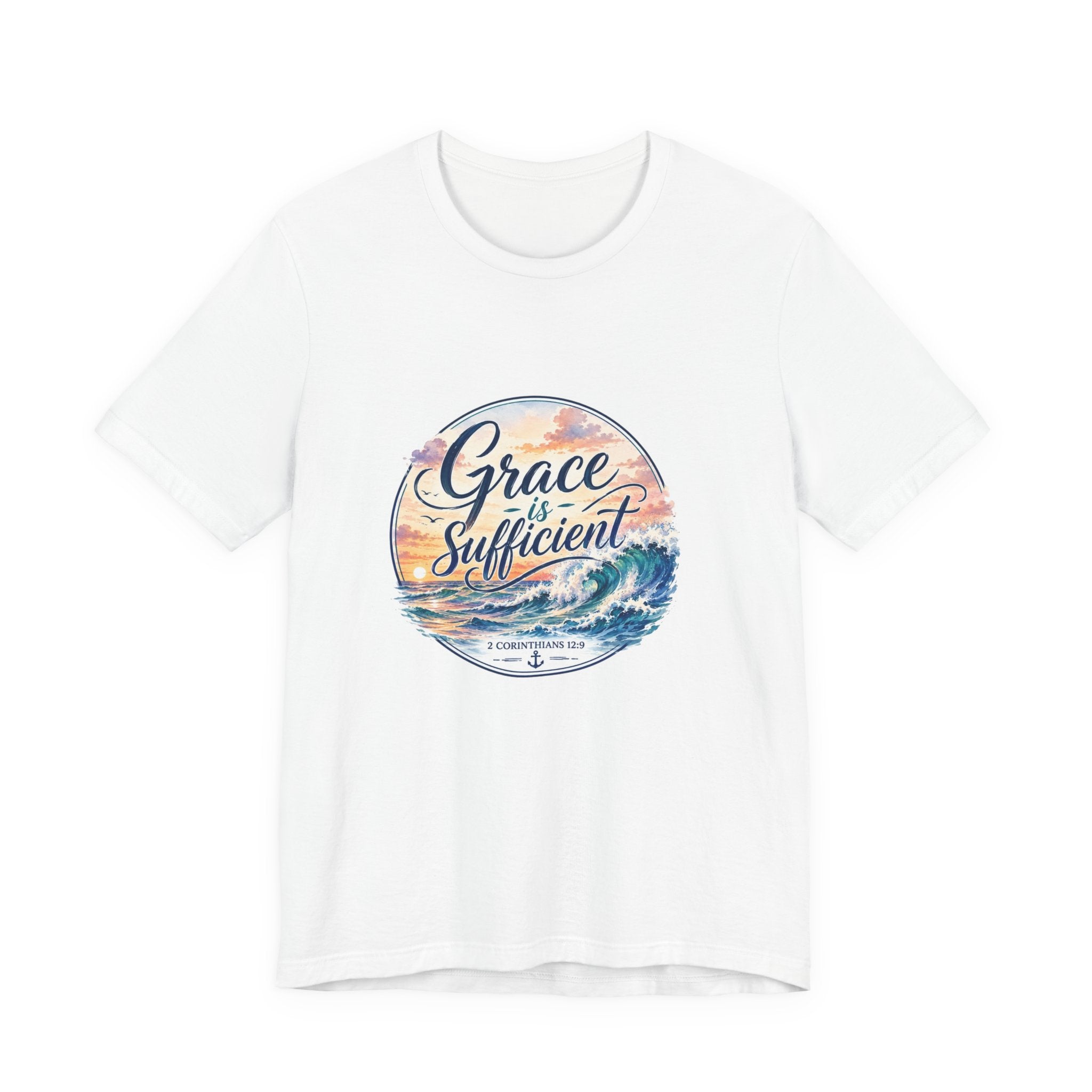 Grace Is Sufficient Tee with a calming seaside design and pastel sunset colors on a white cotton t-shirt.