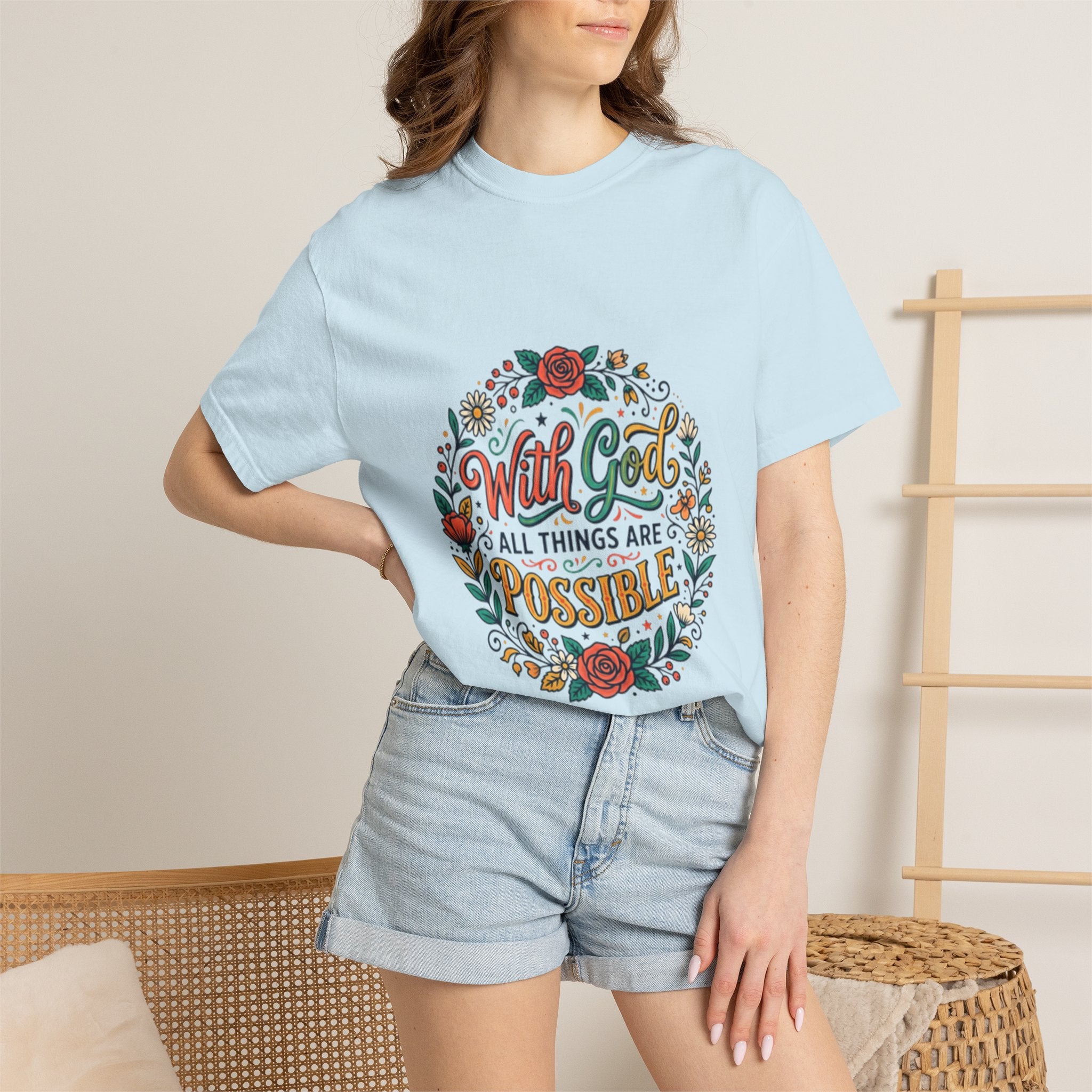T-Shirt — "With God All Things Are Possible" Floral Faith Tee