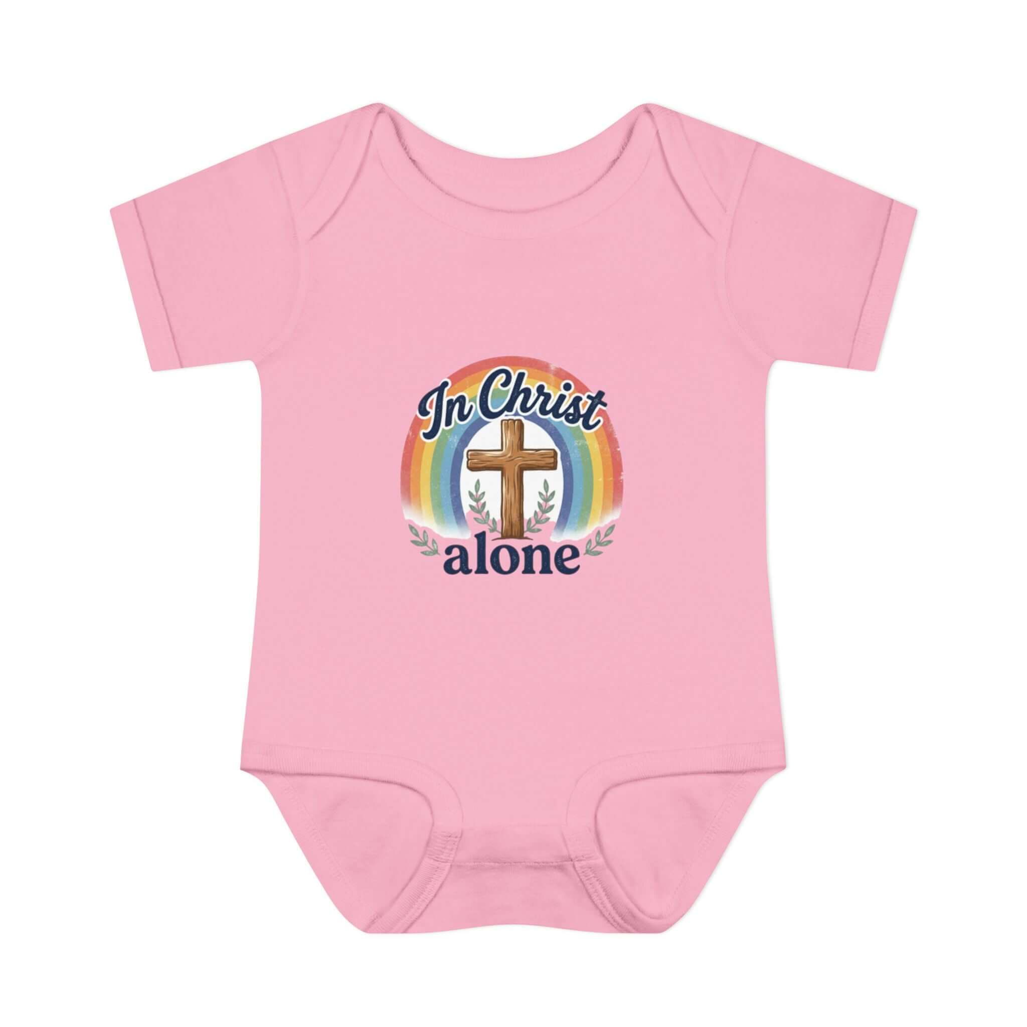 Infant Apparel pink "In Christ Alone" Cross Rainbow Christian Baby Onesie