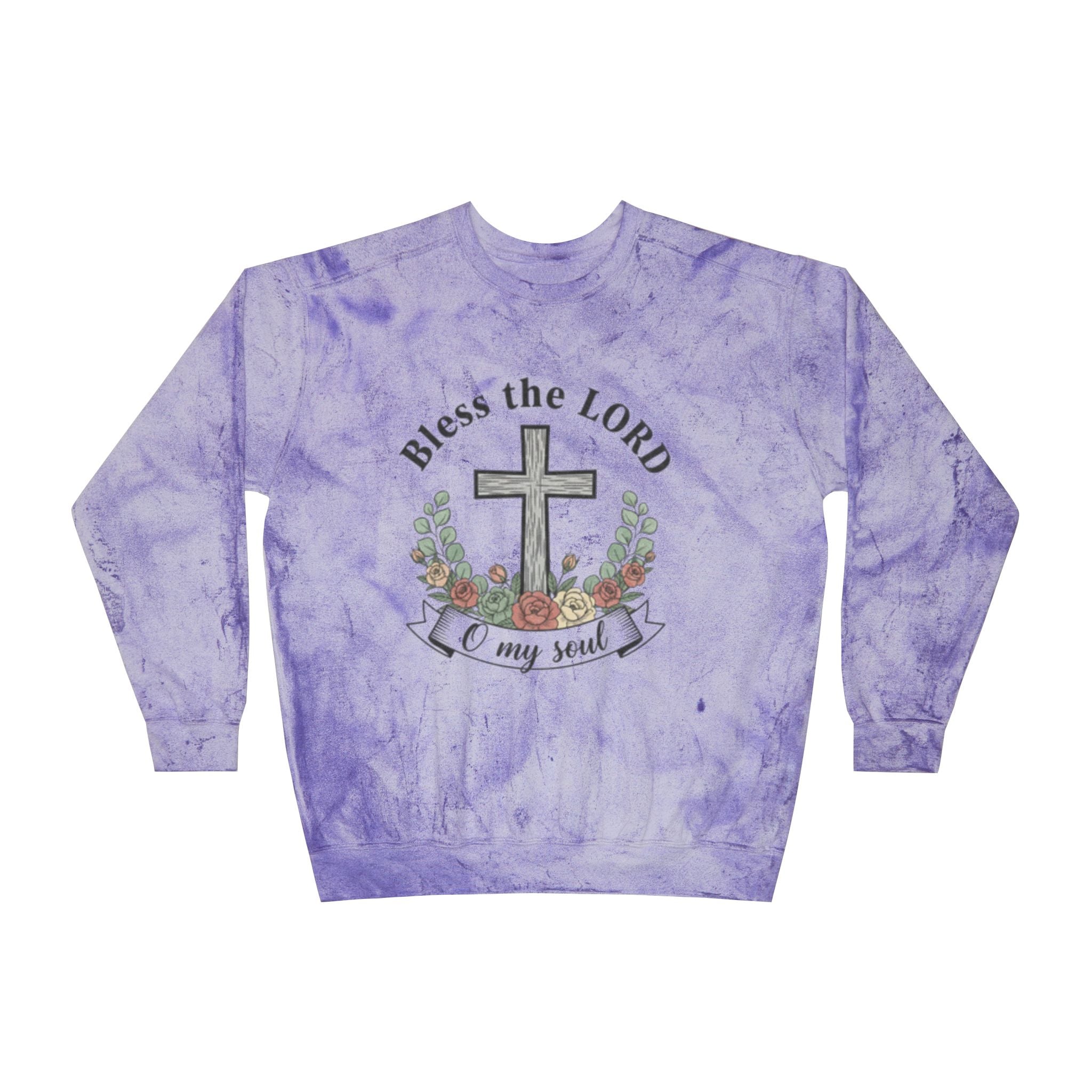 Christian sweatshirt Pullover featuring 'Bless the Lord O my soul' and Easter cross design on a purple background.